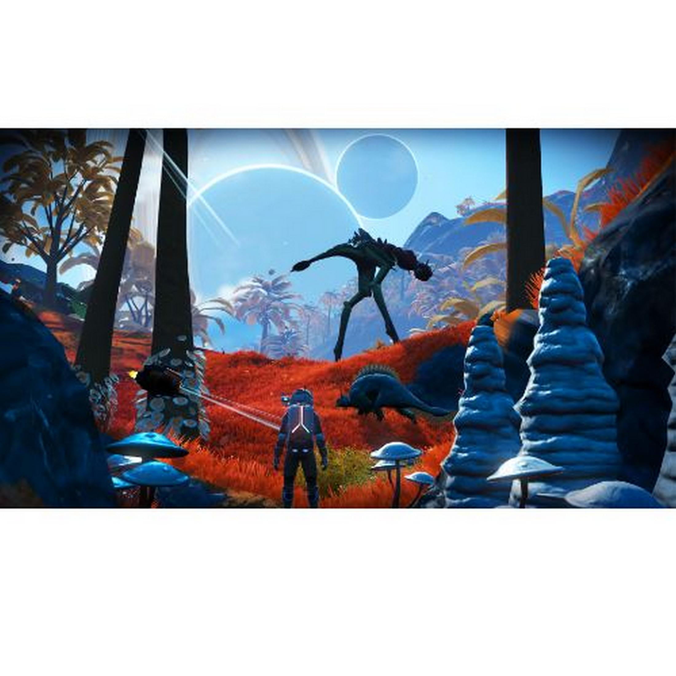 Esploratore affronta creatura aliena in paesaggio erboso rosso con funghi blu.