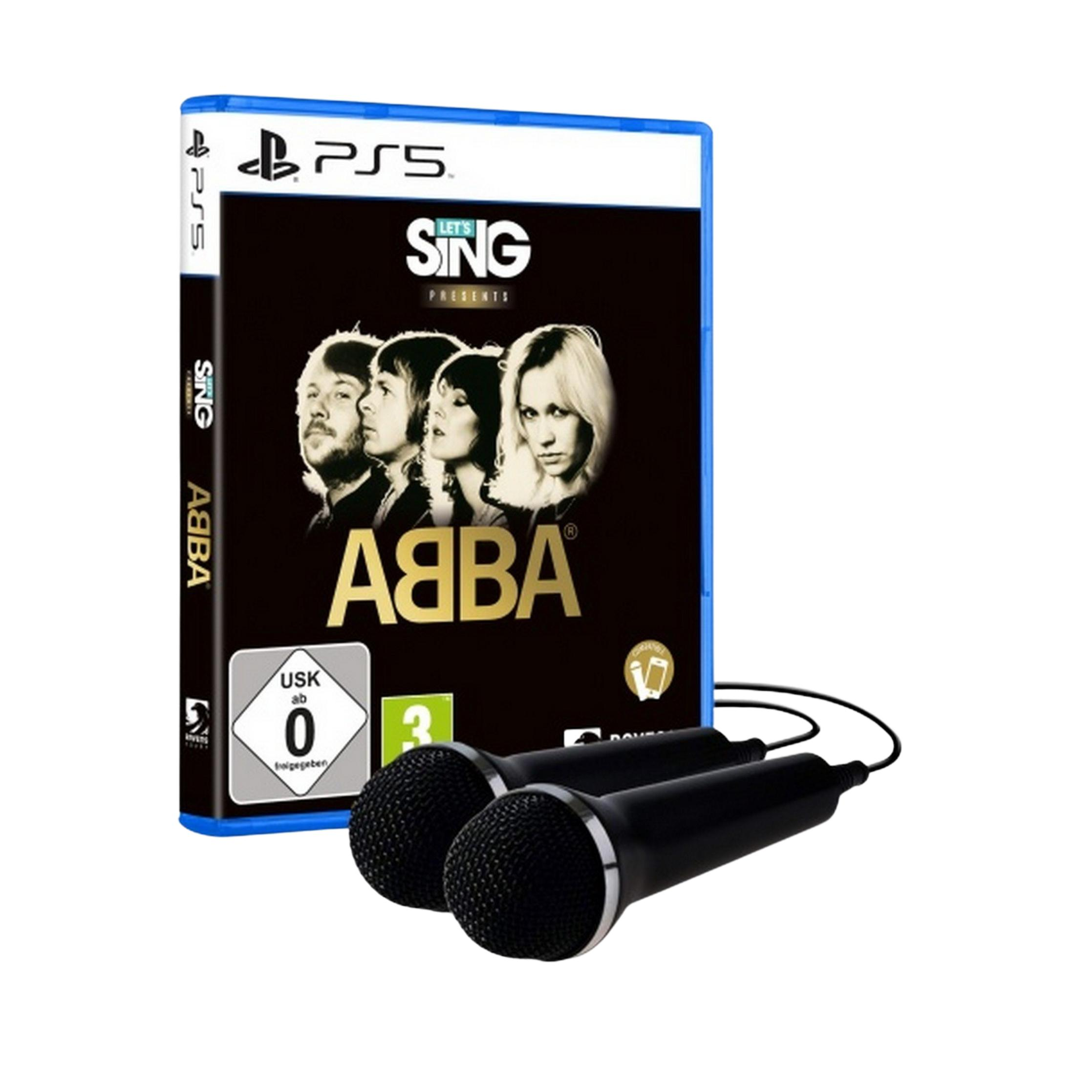 Gioco PS5 "Let's Sing ABBA" con due microfoni.