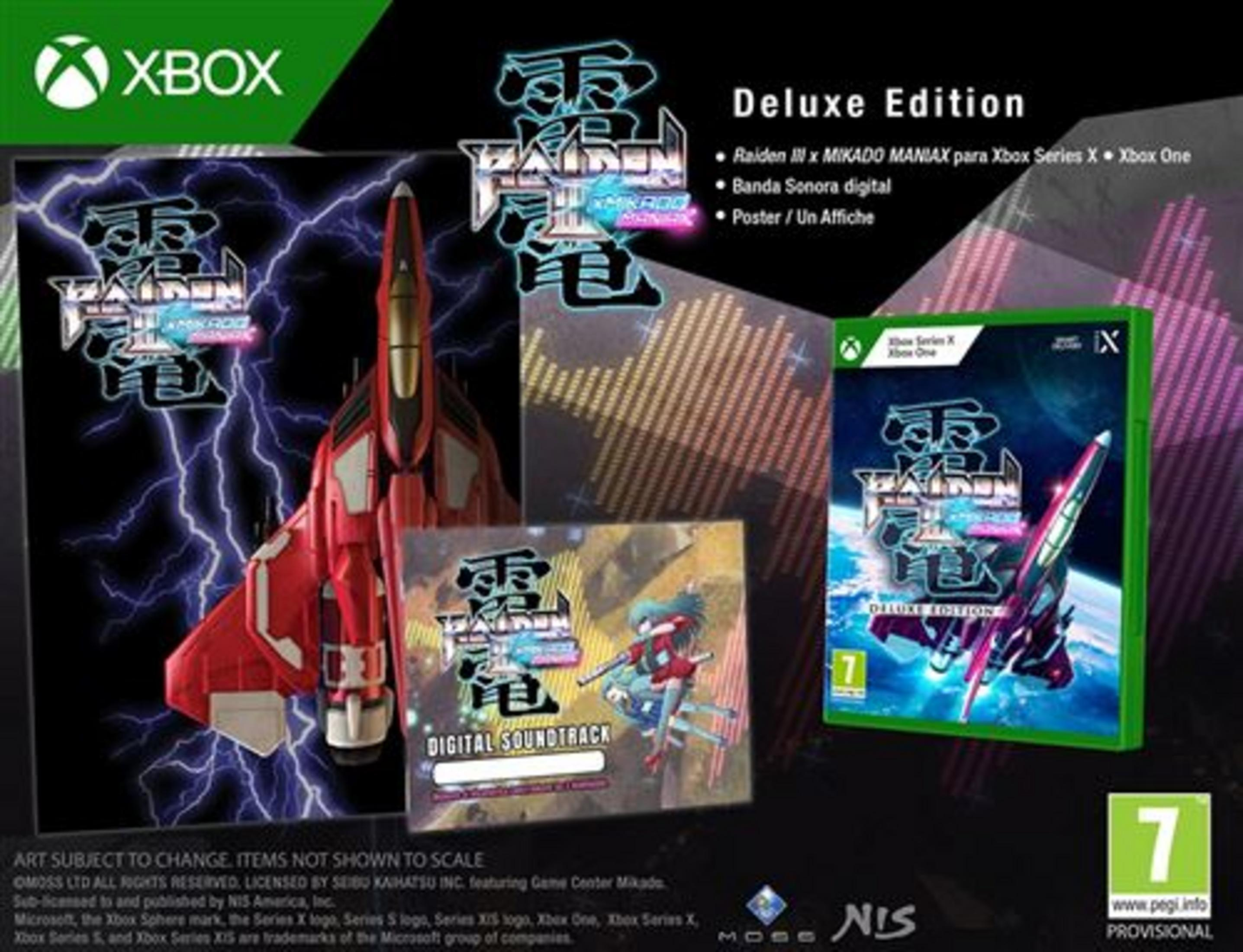 Edycja Deluxe Xbox Raiden III x Mikado Maniax z grą, ścieżką dźwiękową i plakatem.