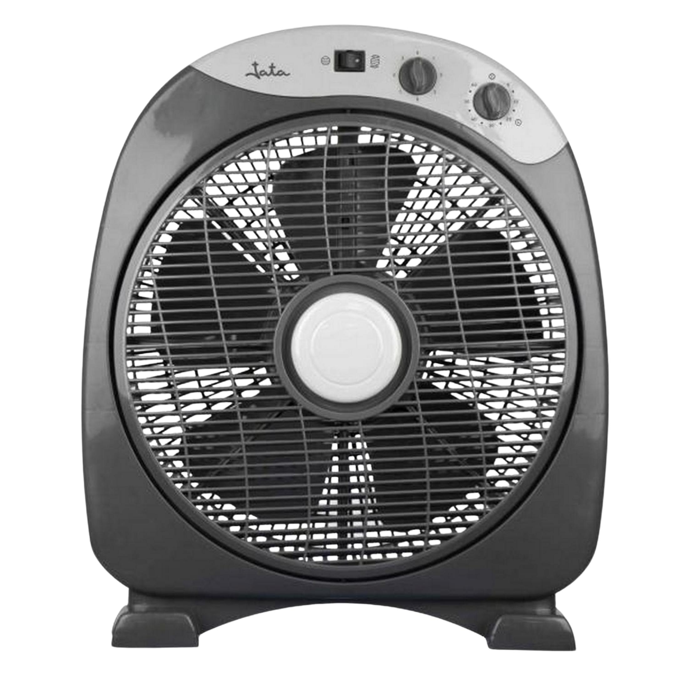 Un ventilador de caja gris con centro blanco y controles arriba.
