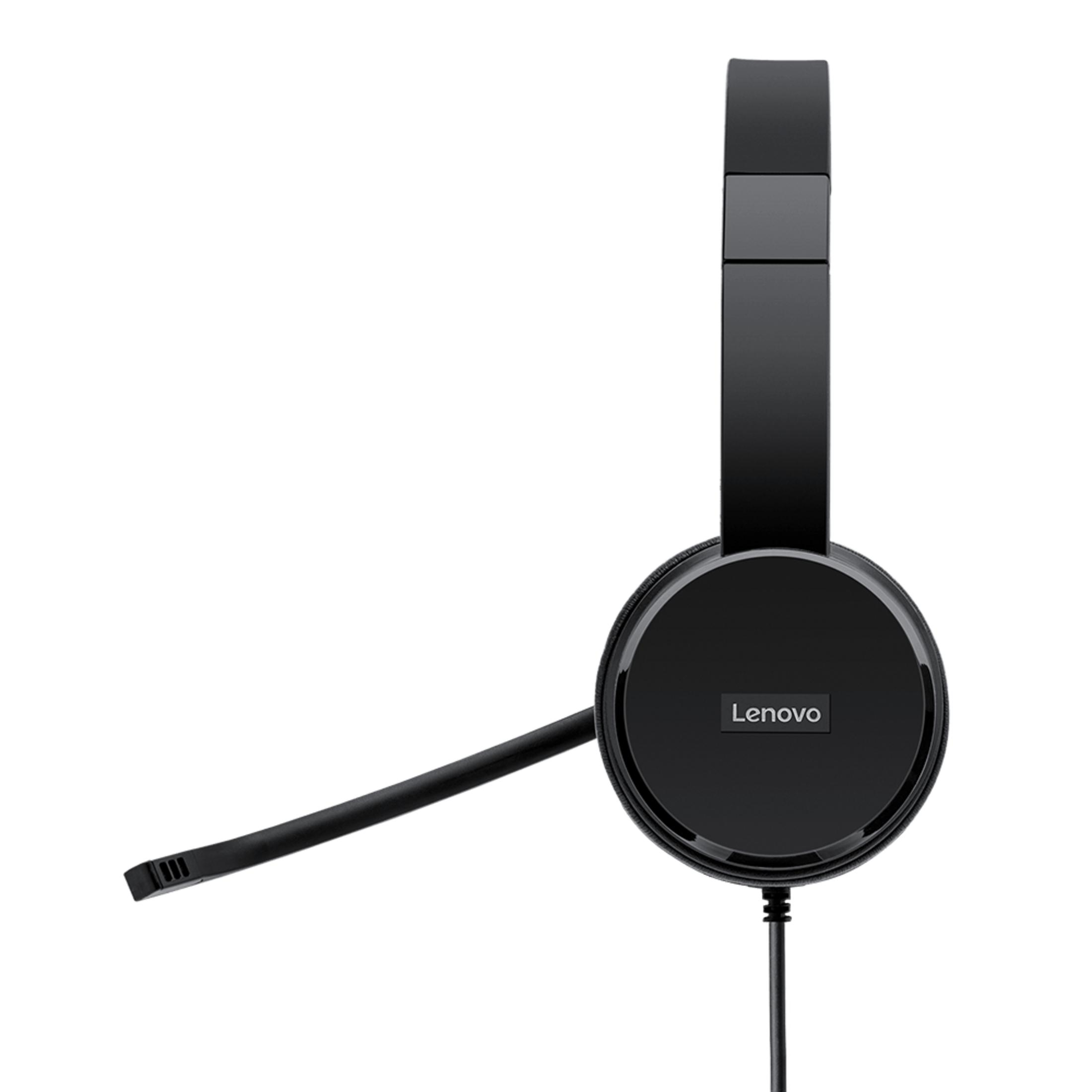 Cuffie Lenovo nere con microfono su sfondo bianco.