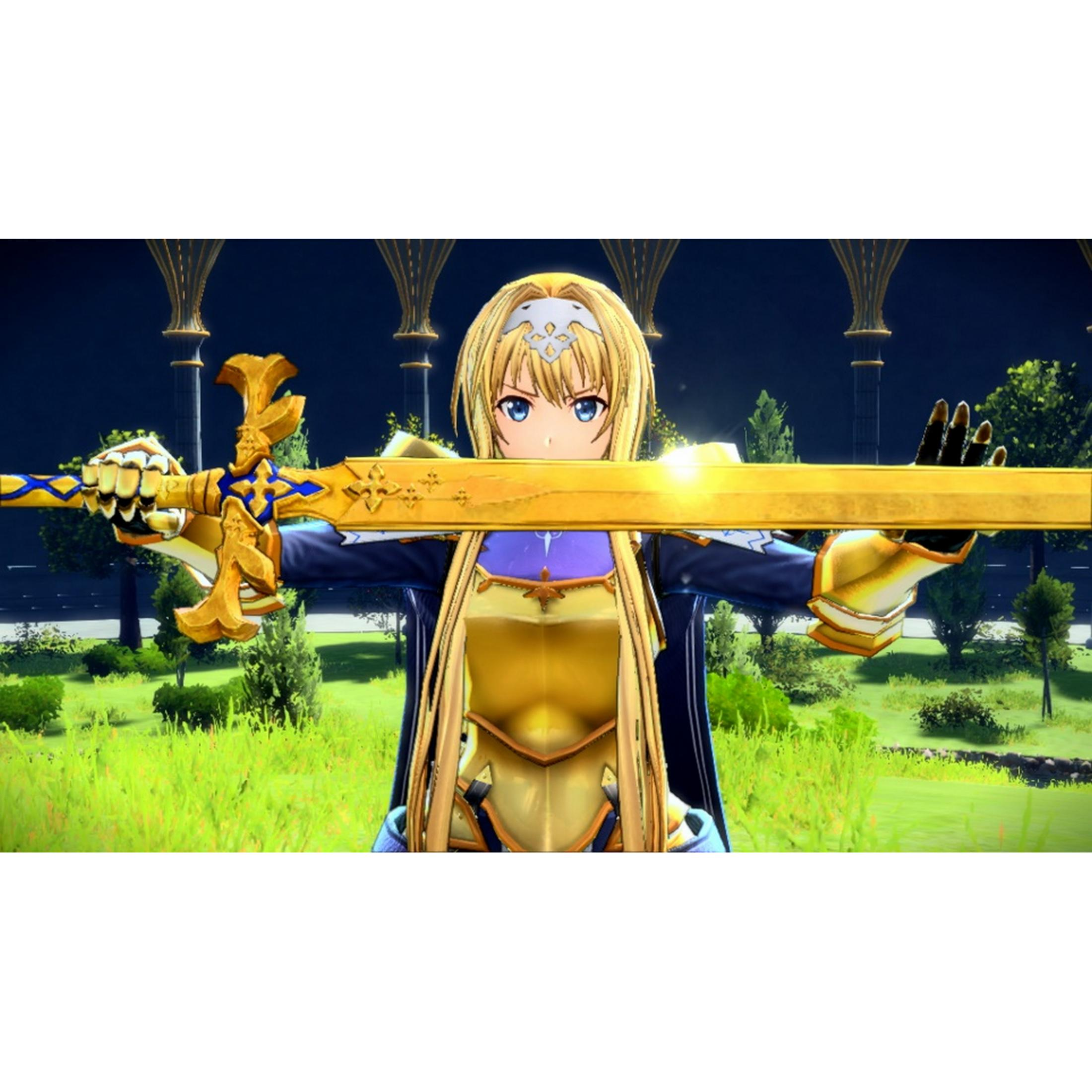 Un personaggio anime con i capelli biondi tiene una spada d'oro davanti a sé all'aperto.
