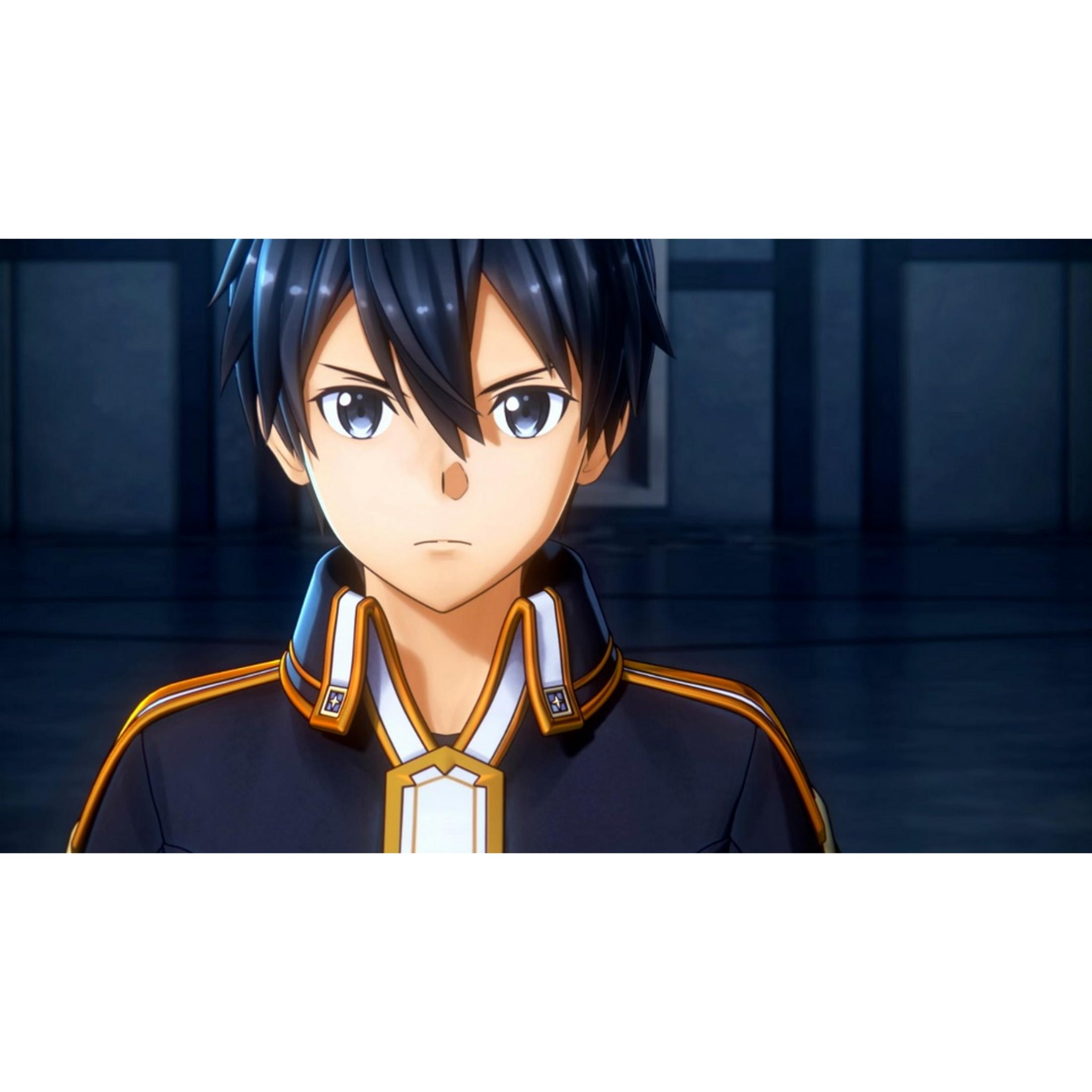Ragazzo anime con capelli scuri e occhi azzurri, indossa uniforme scura con bordi arancioni.