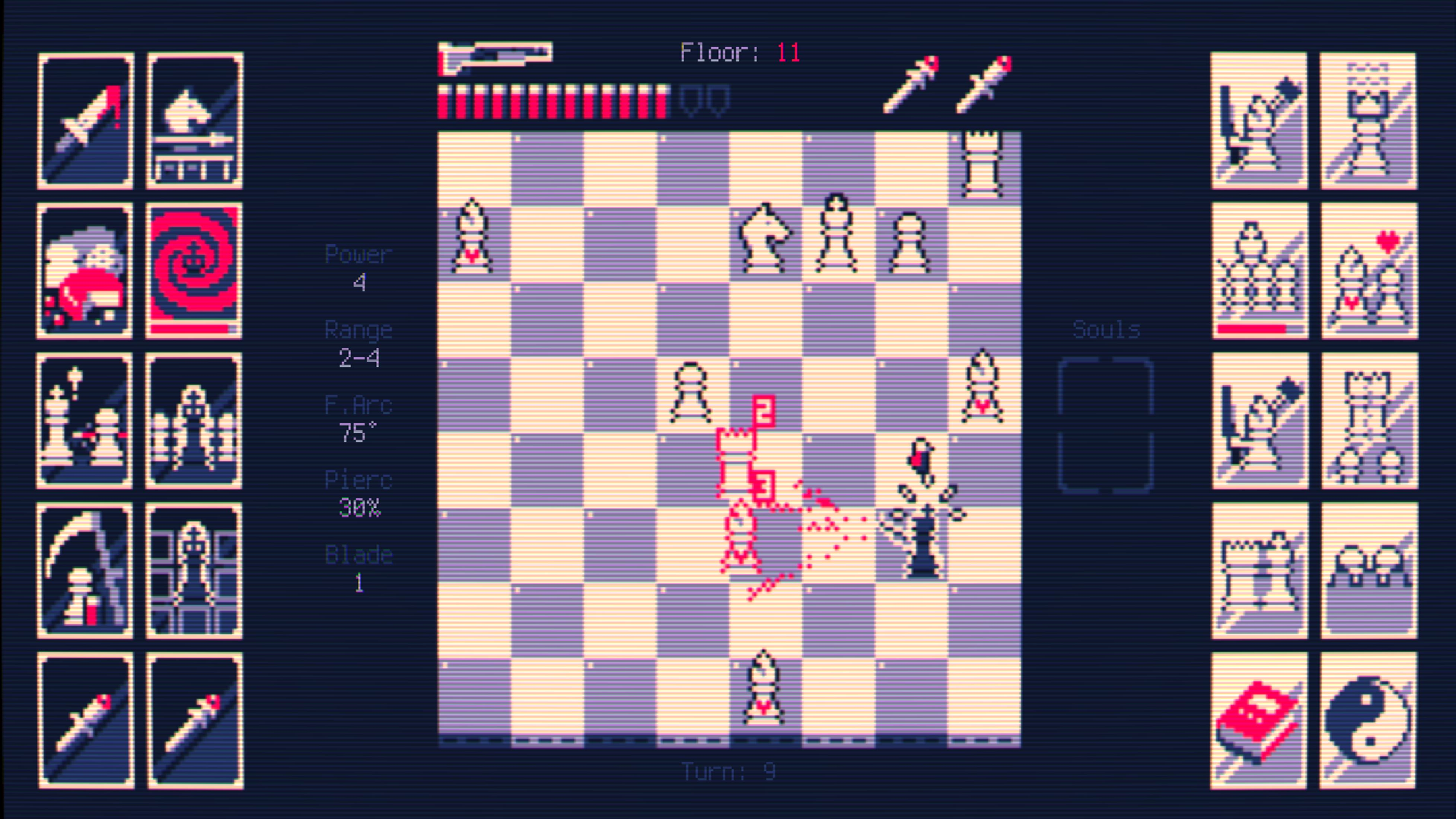 Gioco di scacchi con pezzi rossi e bianchi al piano 11. Statistiche e carte visibili.