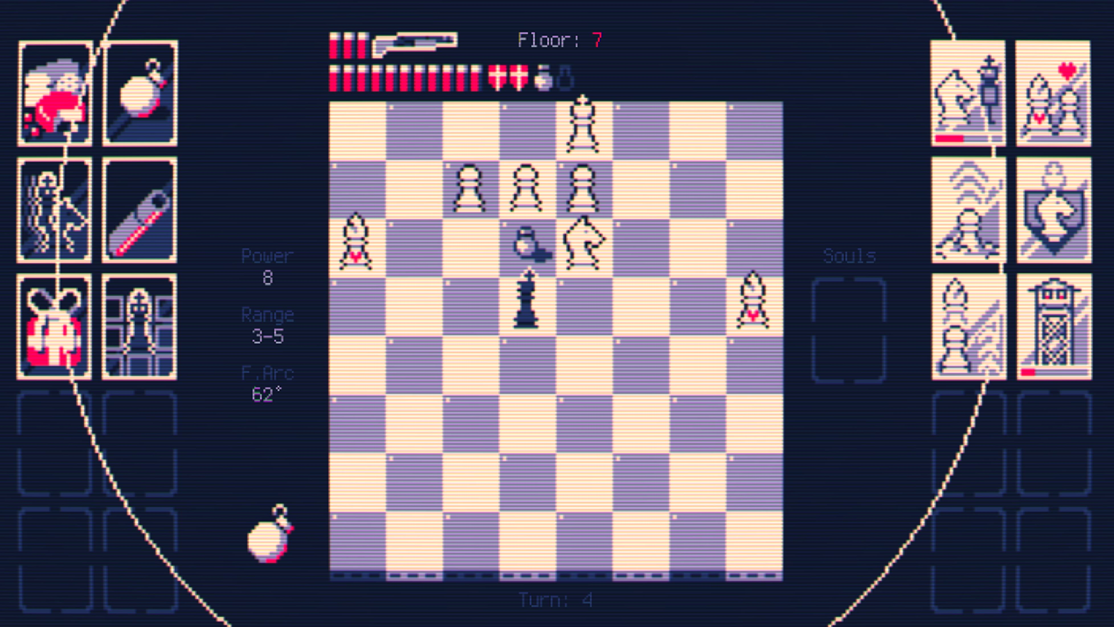 Scacchiera in pixel art con pezzi, barre della salute e icone. Gioco al Piano 7, Turno 4.