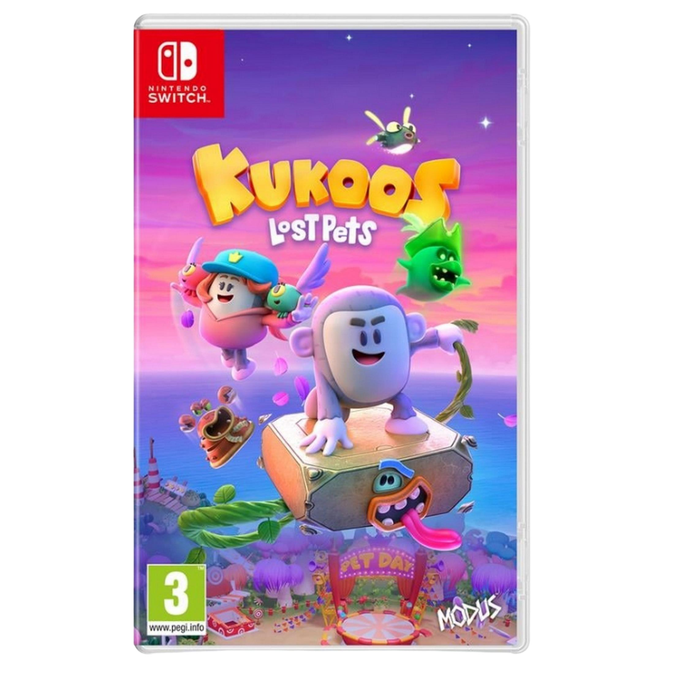 Copertina gioco Nintendo Switch: Kukoo's Lost Pets con scimmia e creature su isole colorate.