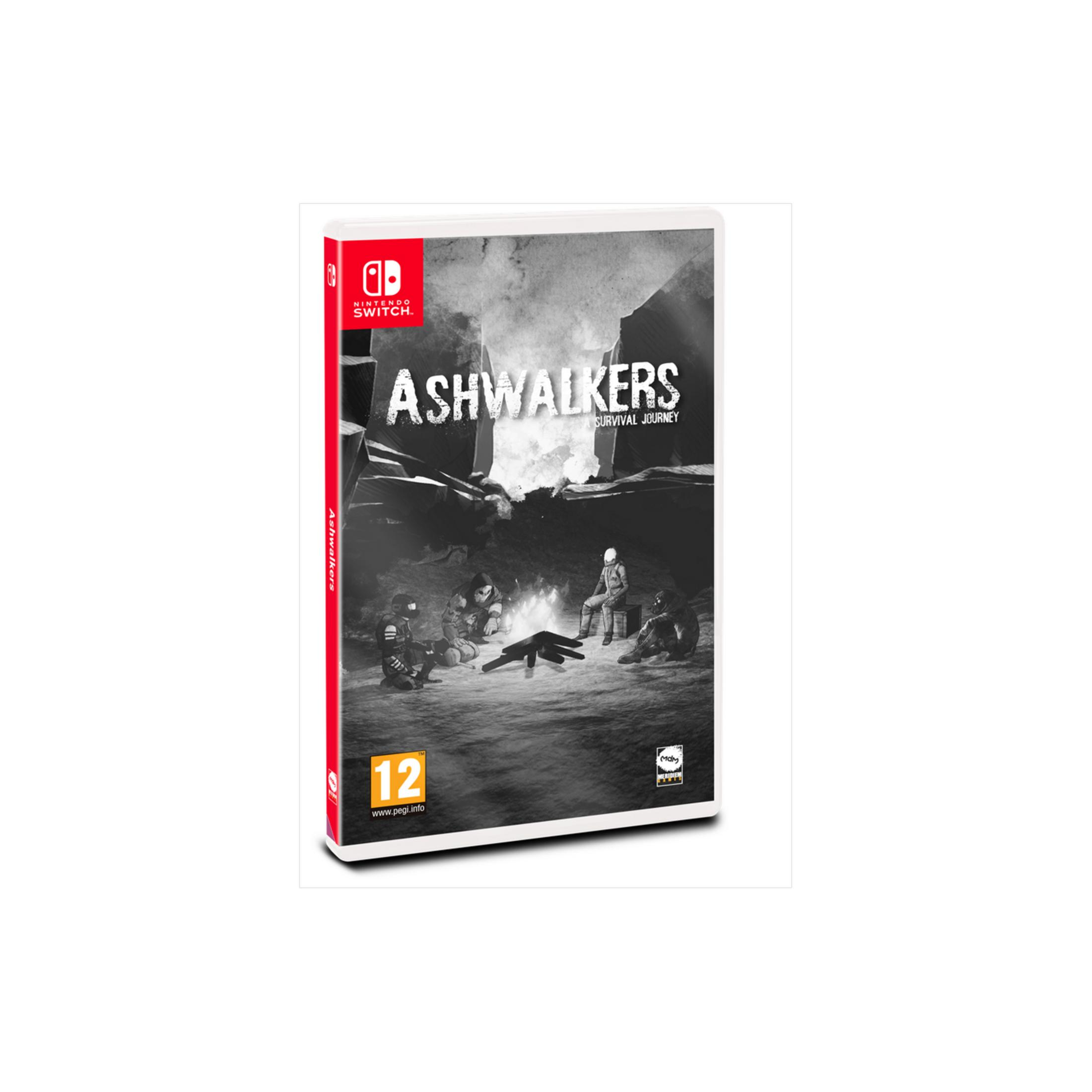 Copertina gioco Nintendo Switch 'Ashwalkers'. Cinque figure sedute attorno a un falò.