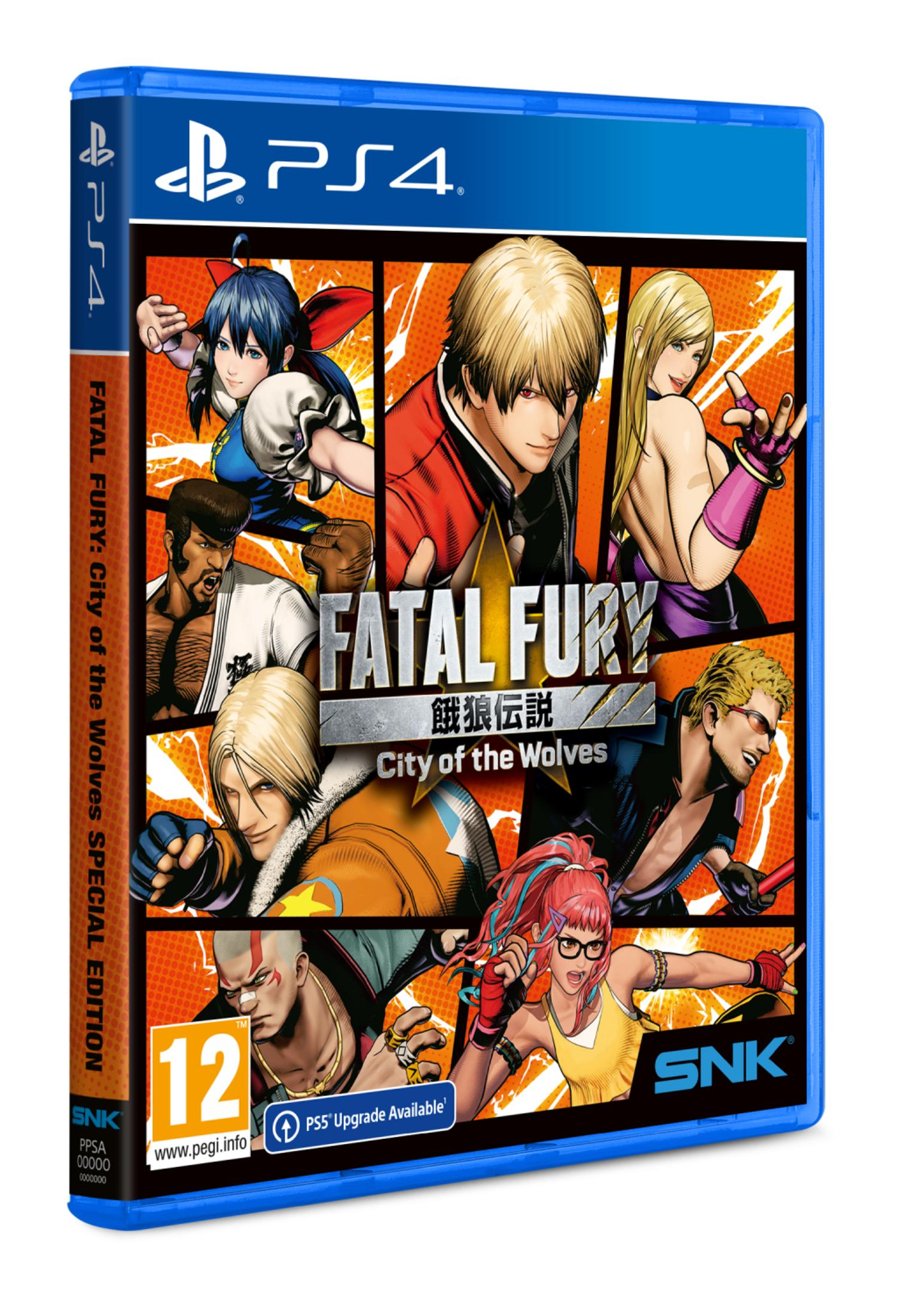 Custodia Special Edition di Fatal Fury: City of the Wolves per PS4 con personaggi e rating PEGI 12.