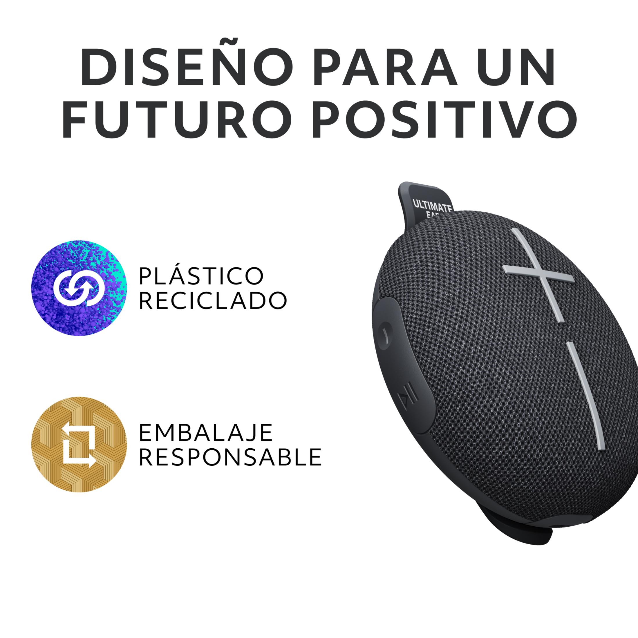 Schwarzer UE-Lautsprecher mit Recycling-Logos und spanischem Text.