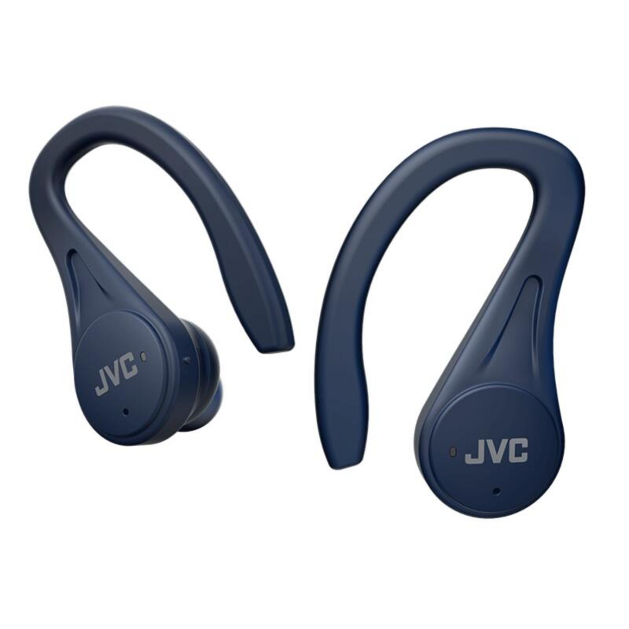 Una coppia di auricolari JVC blu scuro con ganci per l'orecchio su sfondo bianco.