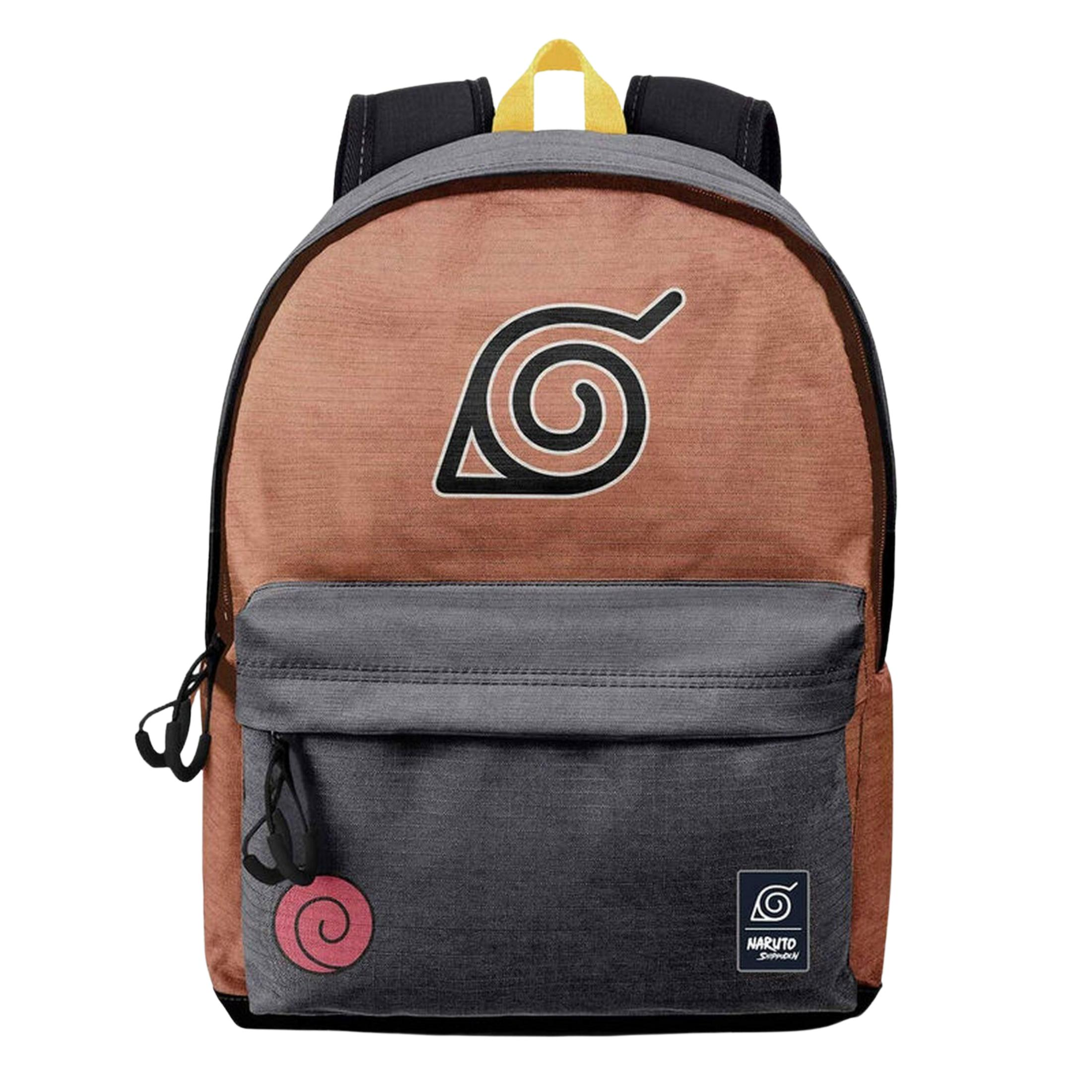 Ein brauner Rucksack mit grauer Tasche und Narutologo.