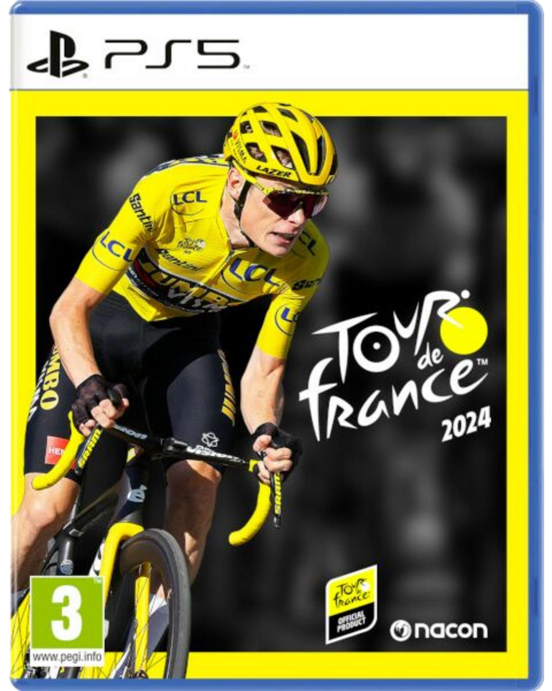 Ciclista in giallo pedala, copertina Tour de France 2024 PS5.