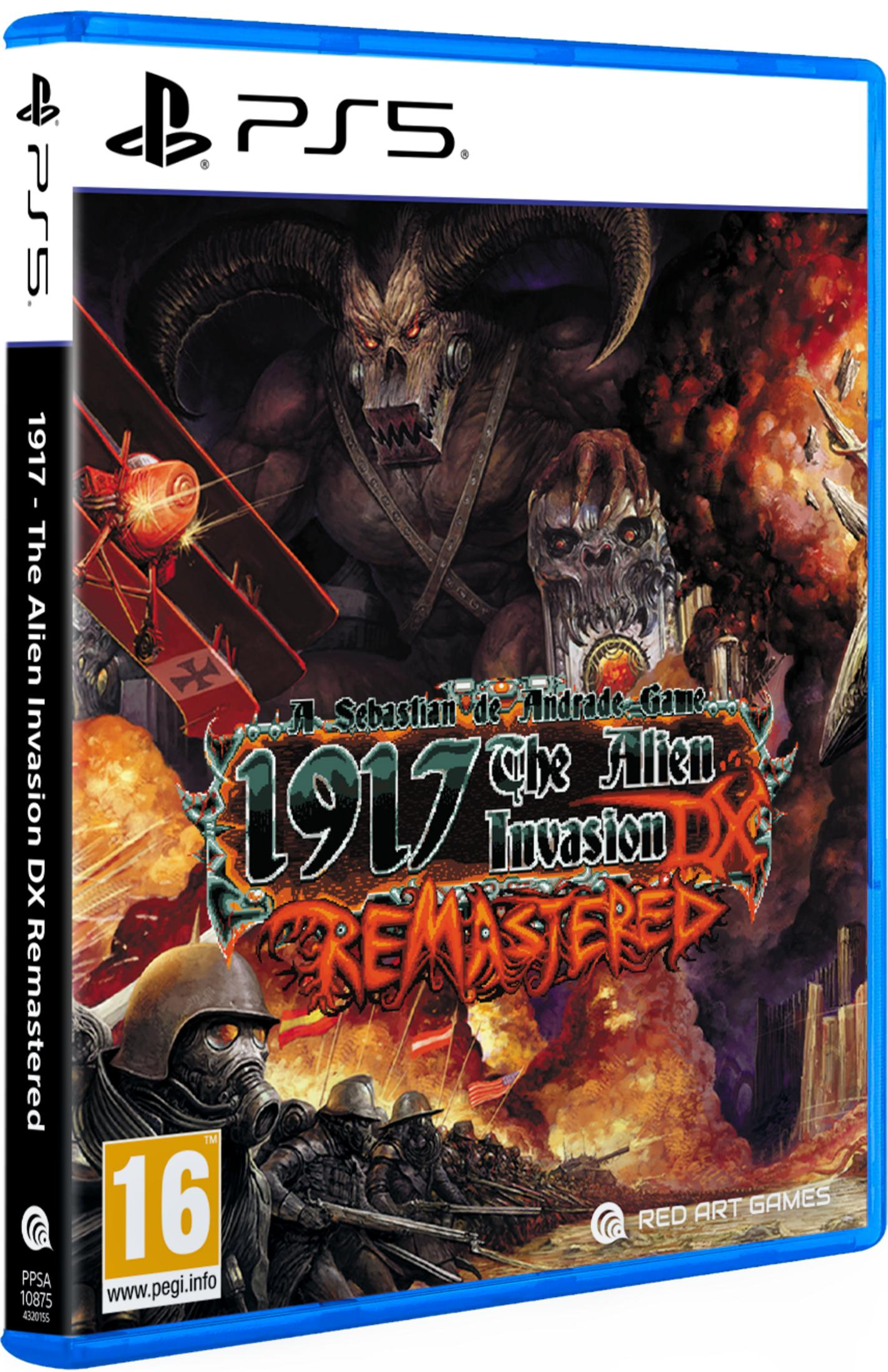 Portada de juego PS5: Demonio, aviones, soldados en guerra, explosiones. "1917: The Alien Invasion DX Remastered".