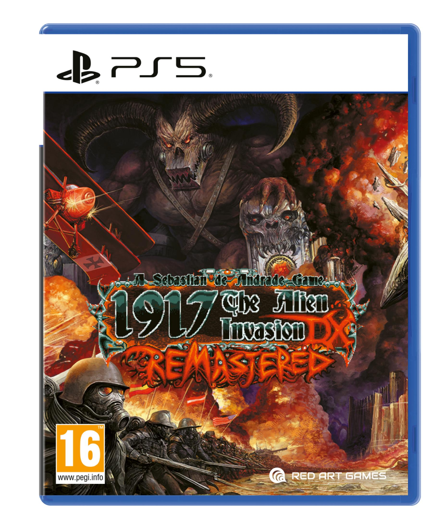 Portada de juego PS5: demonios, soldados, avión, explosiones. 1917 Alien Invasion.
