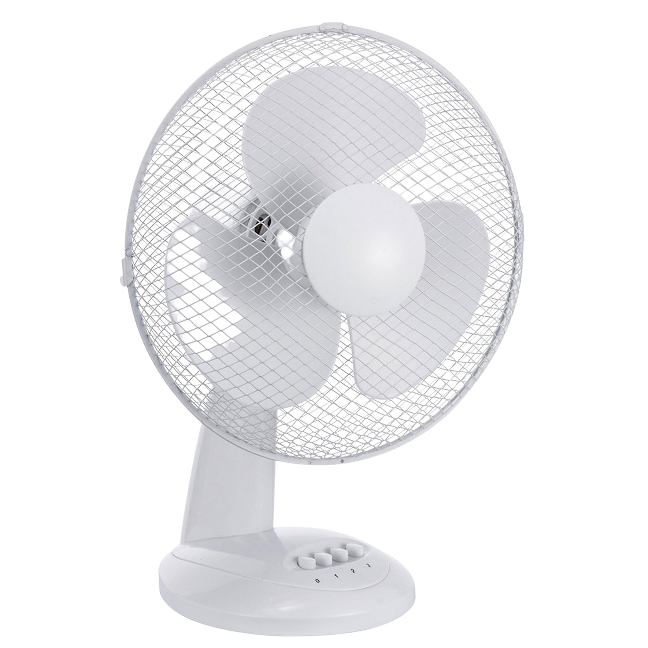 Un ventilador de escritorio blanco con tres aspas y rejilla de seguridad.