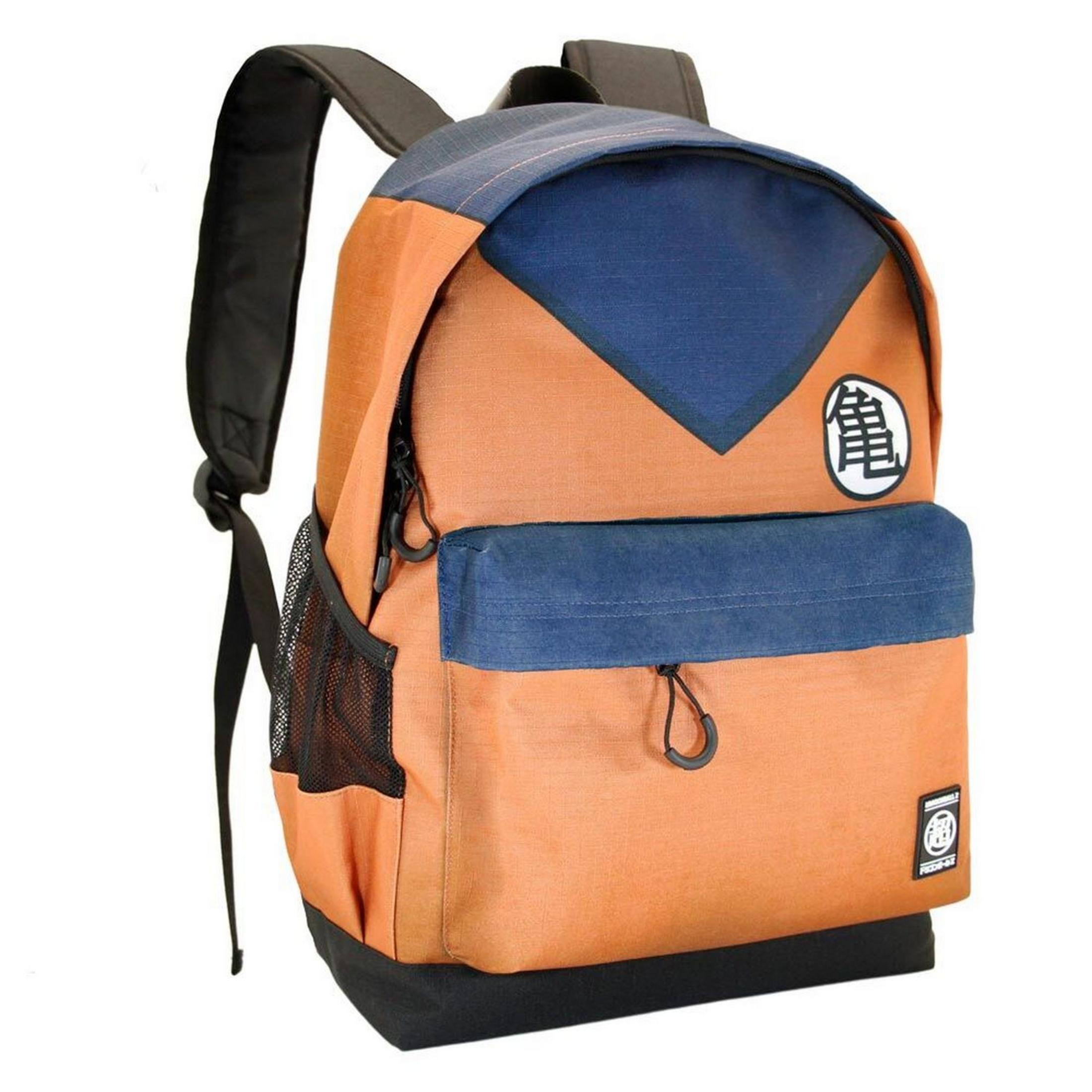Una mochila naranja con detalles azules y un símbolo de "Kame".