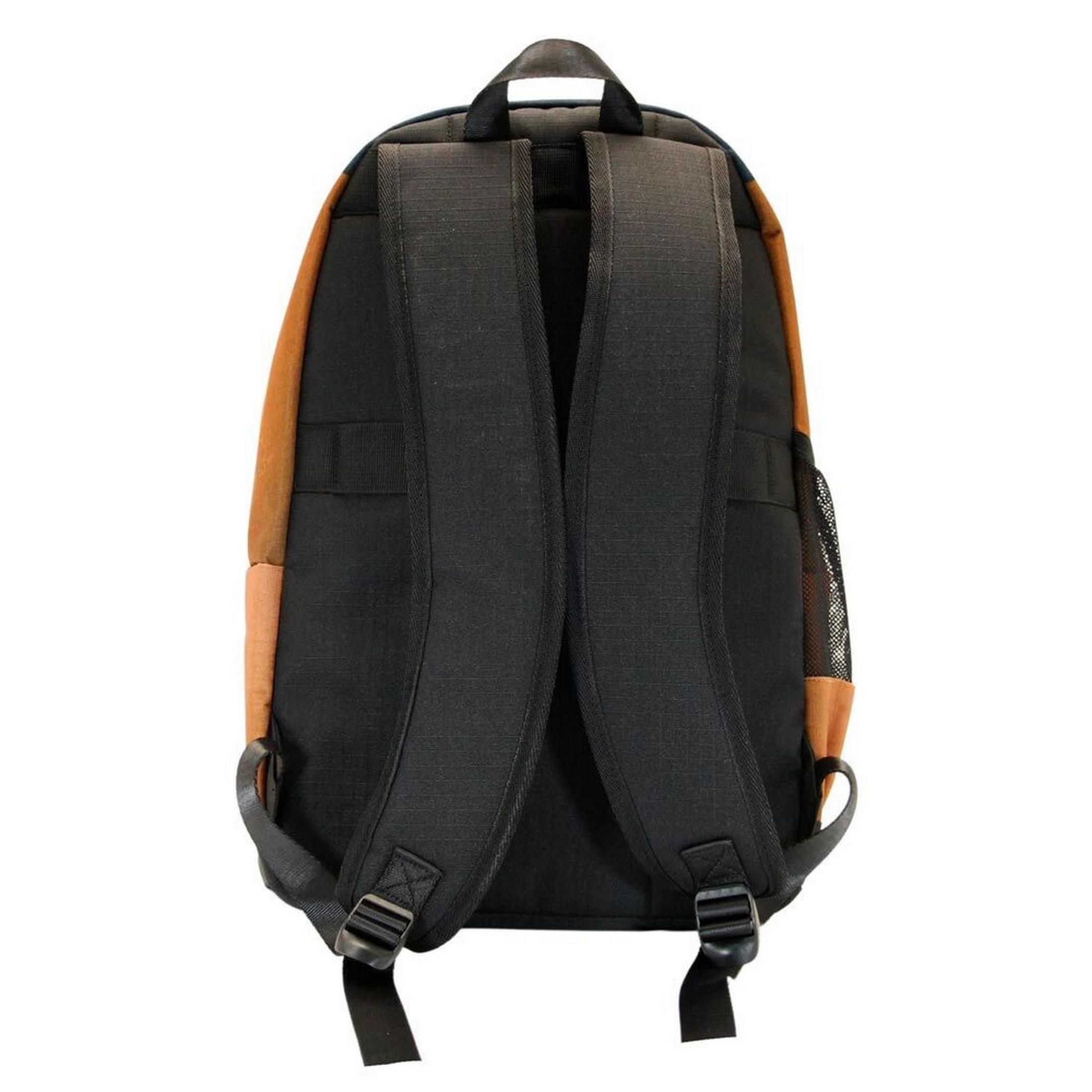 Vista trasera de una mochila negra con detalles marrones y dos correas para los hombros.