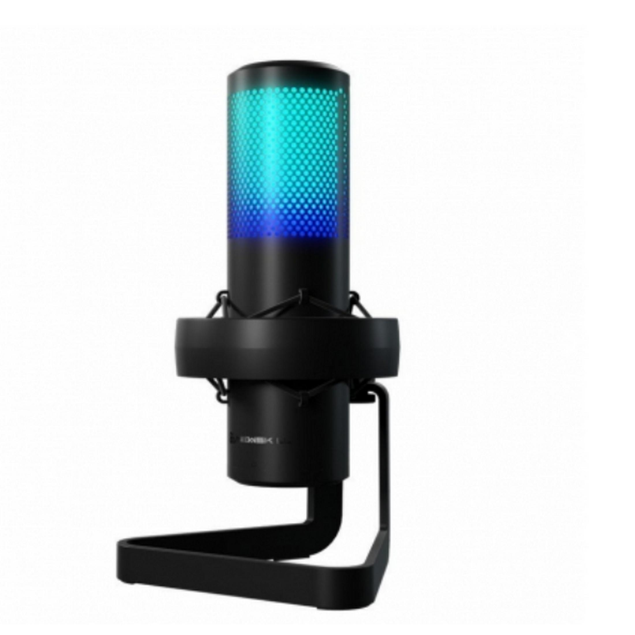 Un micrófono negro con iluminación RGB sobre un soporte.