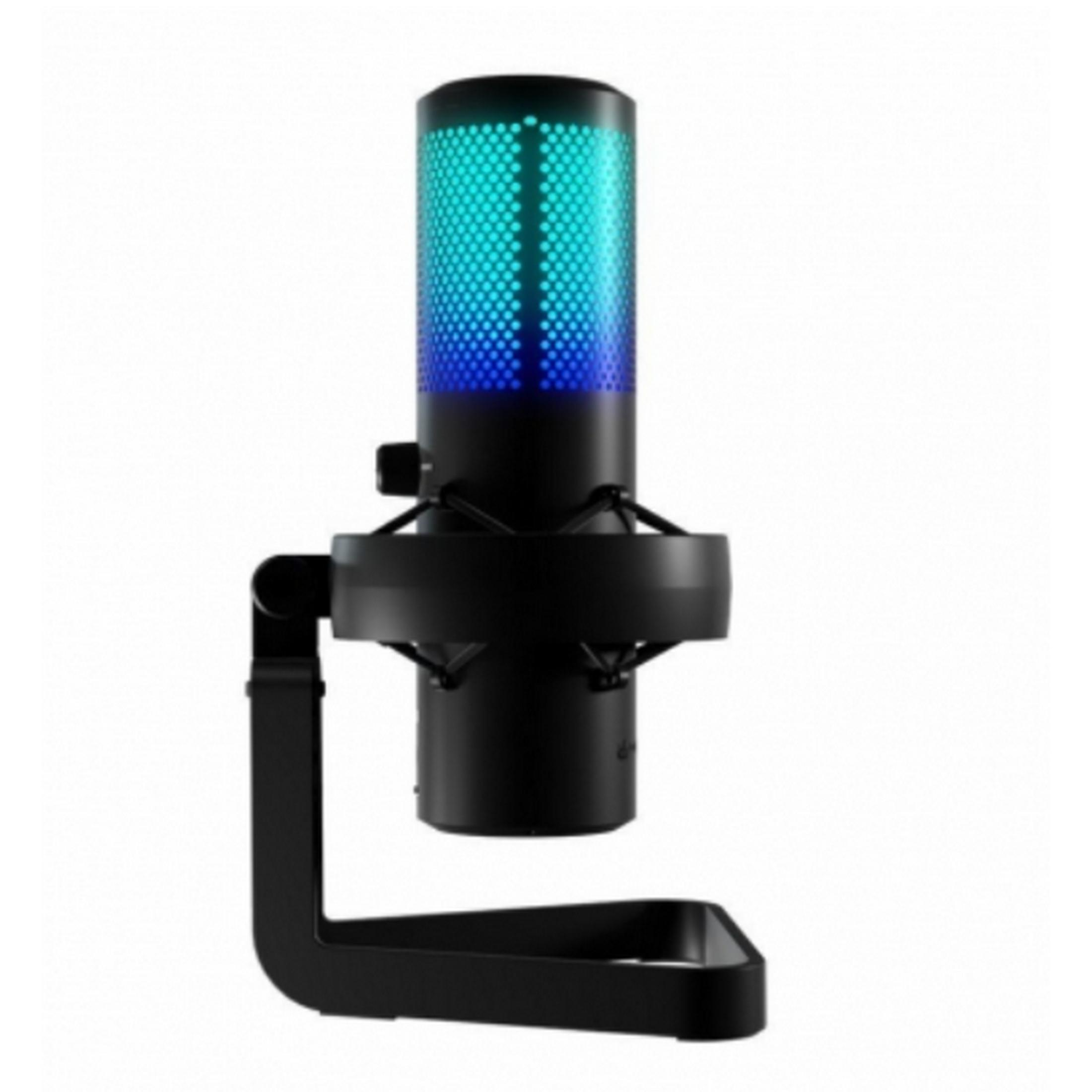 Micrófono negro sobre un soporte con luces azules y verdes.