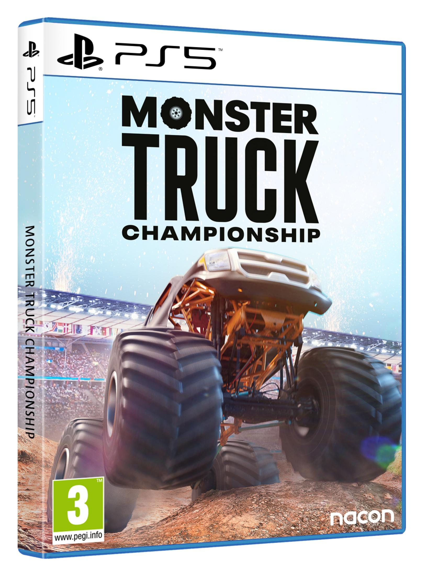 Copertina di un gioco di monster truck con un enorme camion davanti a un'arena.