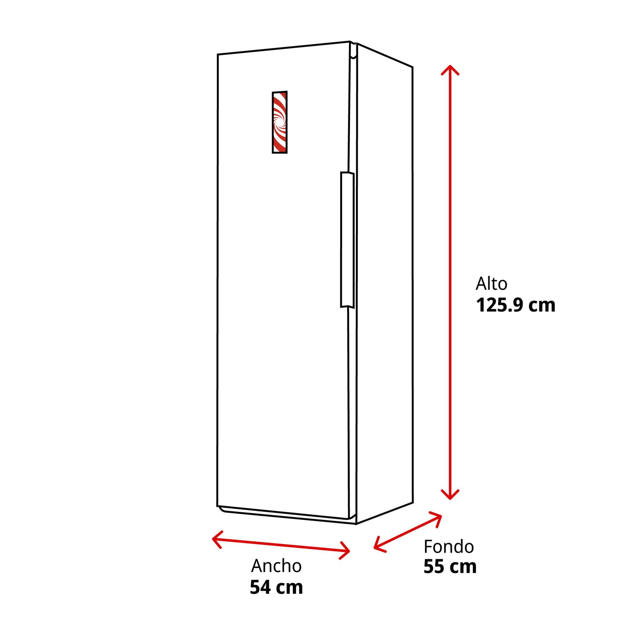 Un frigorífico blanco con medidas rojas: alto 125,9 cm, ancho 54 cm, fondo 55 cm.