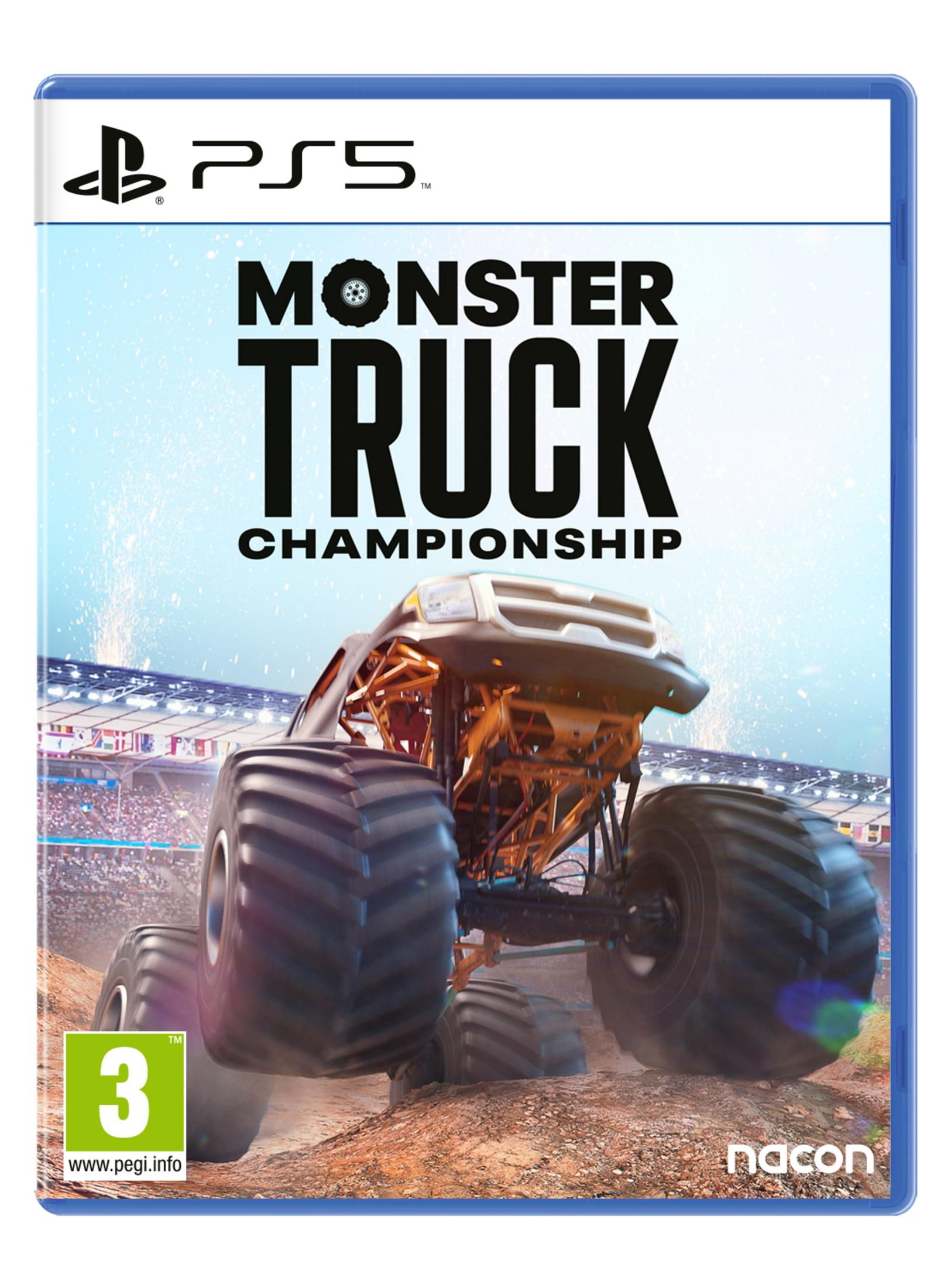Copertina del gioco PS5 Monster Truck Championship con un monster truck che guida davanti a gradinate.