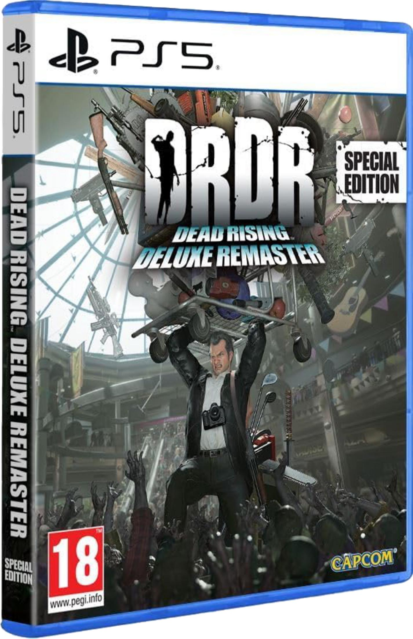 Copertina PS5 Dead Rising Deluxe Remaster: Uomo solleva carrello su folla zombie.