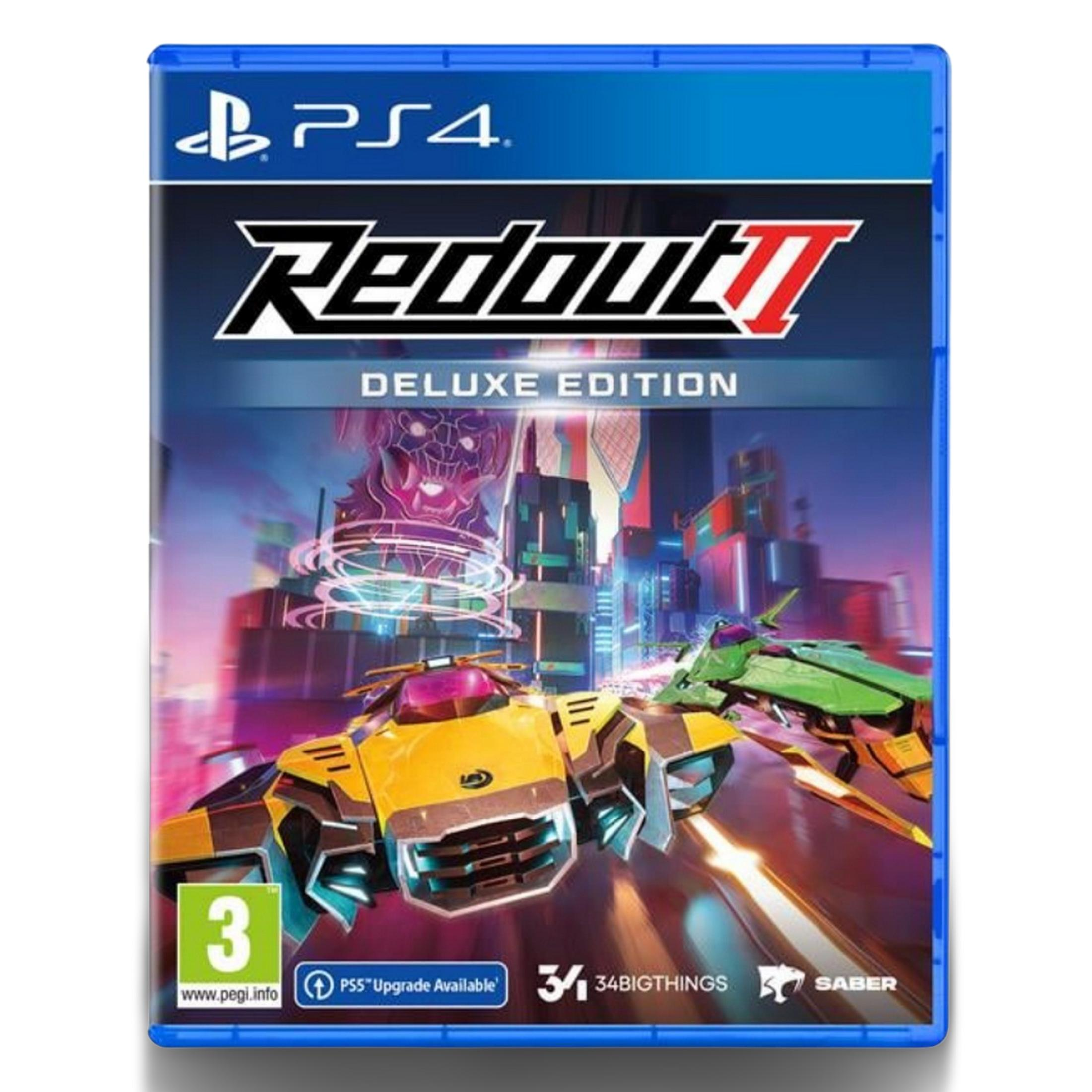 Gioco PS4 "Redout II Deluxe Edition" con auto da corsa futuristiche e città.