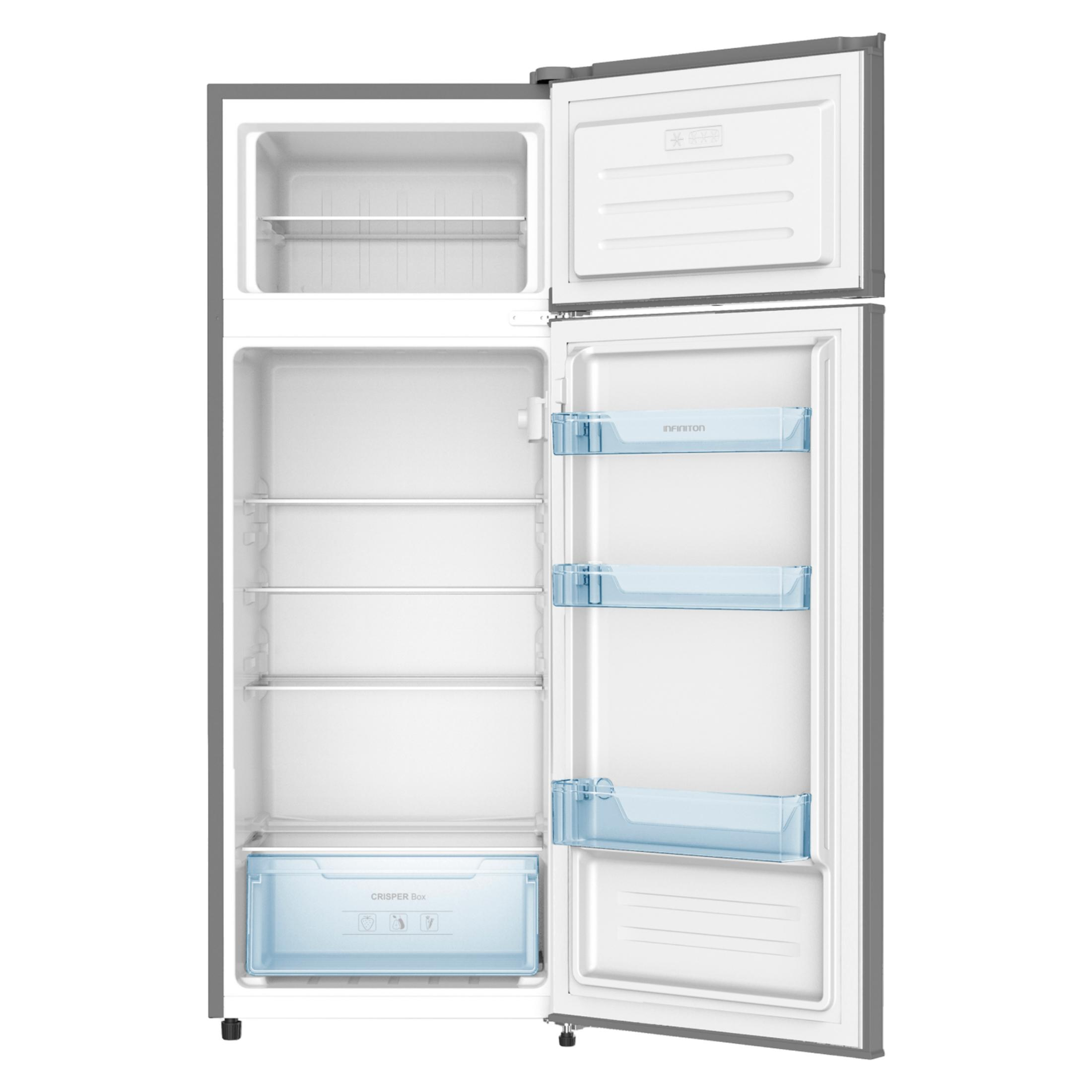 Un refrigerador abierto con dos puertas, estantes y un cajón.