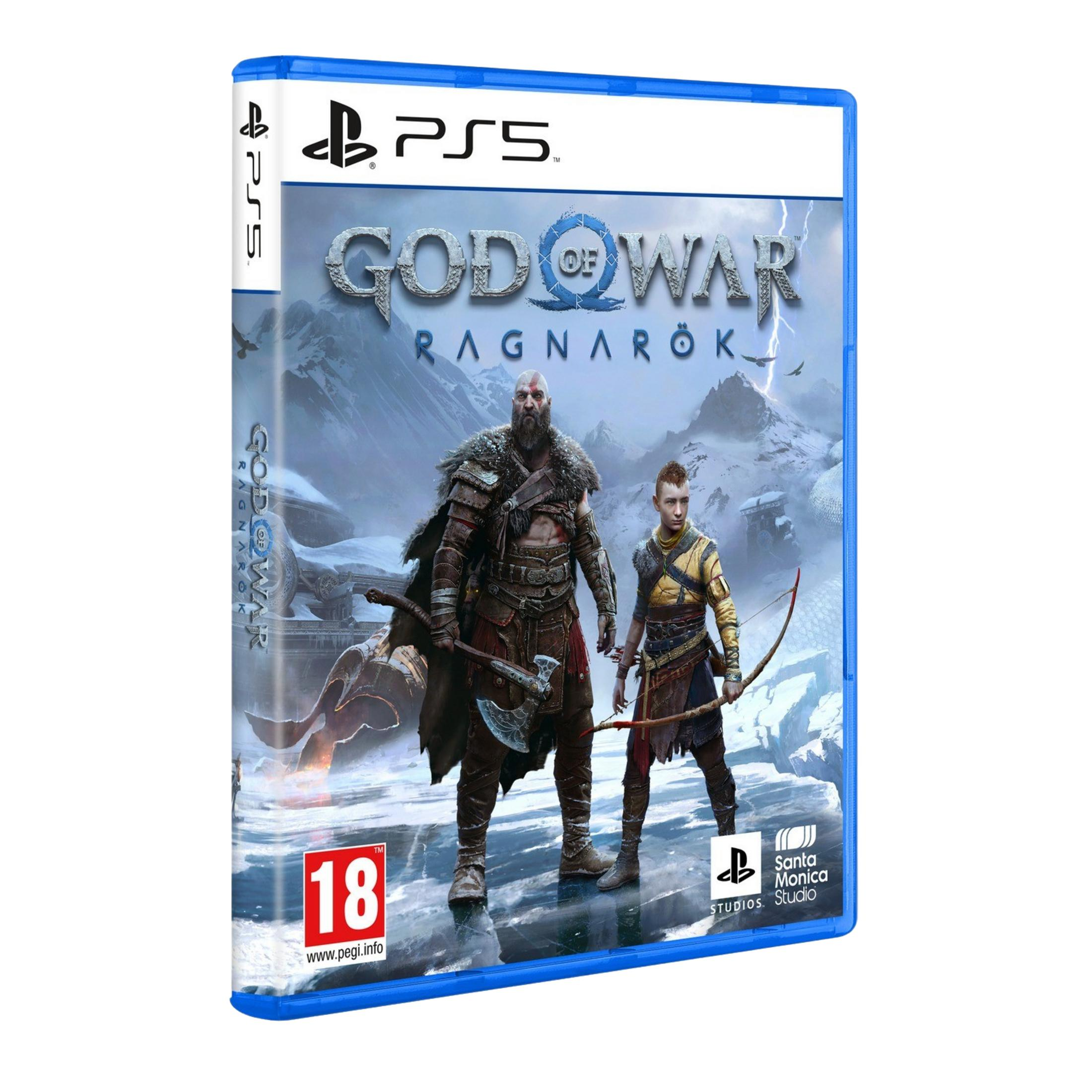 Copertina gioco PS5 God of War Ragnarök con Kratos e Atreus in montagne innevate.