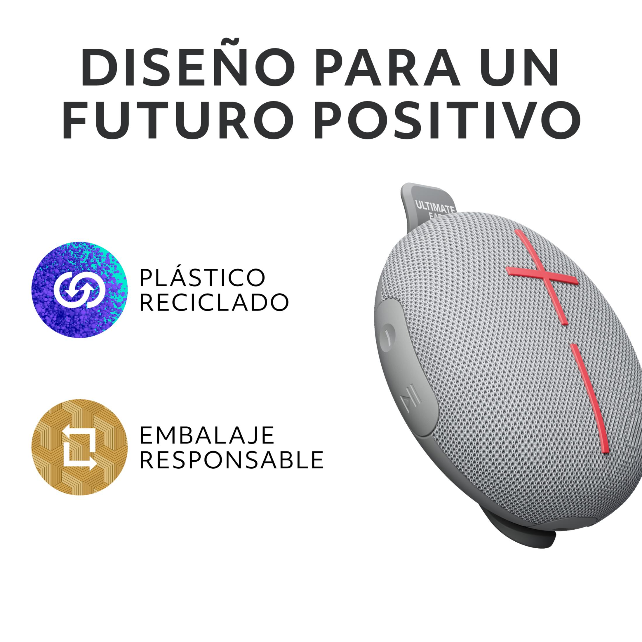 Altavoz gris con cruz roja y texto sobre reciclaje.