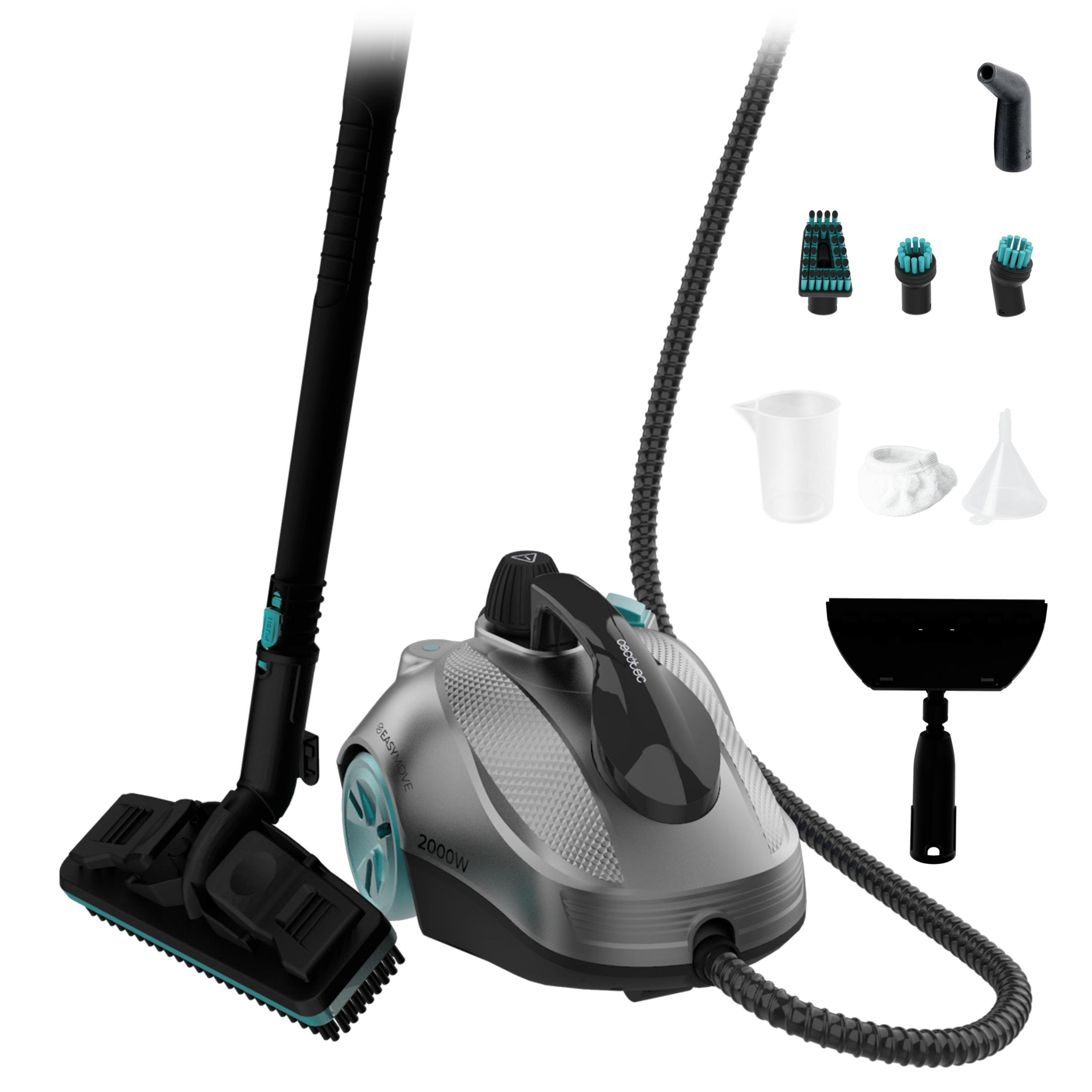 Un limpiador a vapor plateado con accesorios que incluyen cepillos, una taza medidora y un limpiacristales.