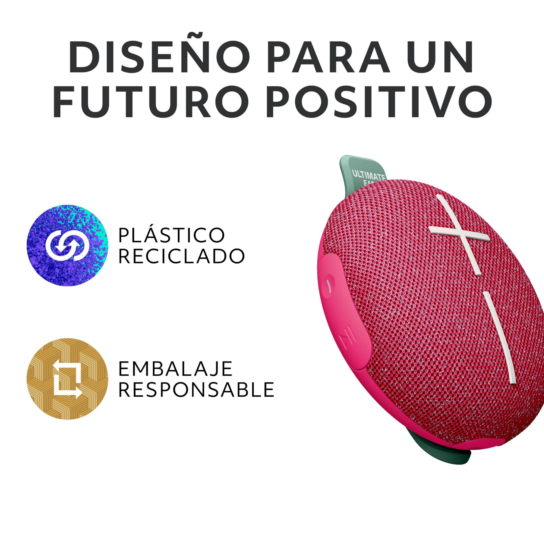 Un altoparlante UE Boom 3 rosa con accenti bianchi.
