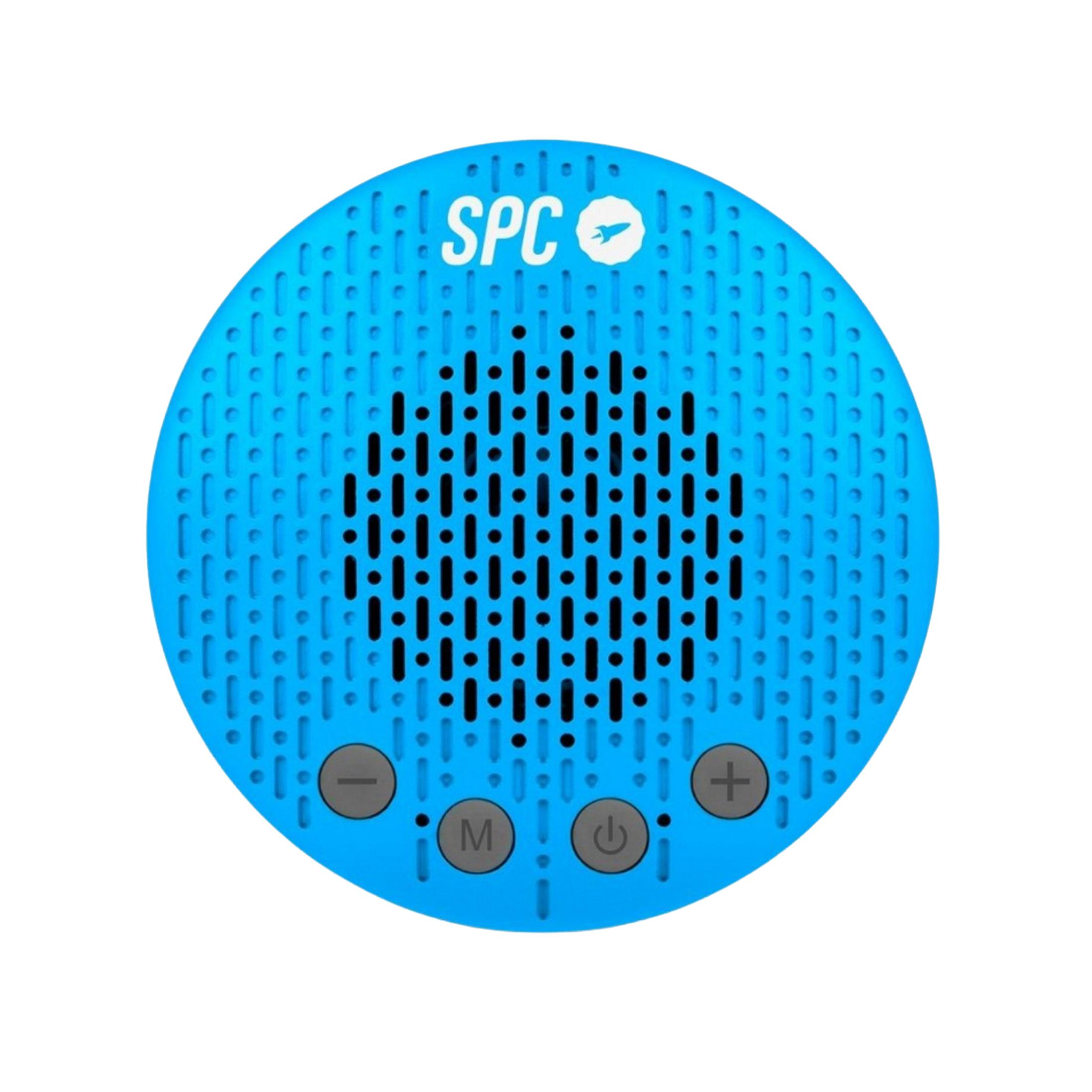 Altavoz redondo azul con logo SPC y botones de control.