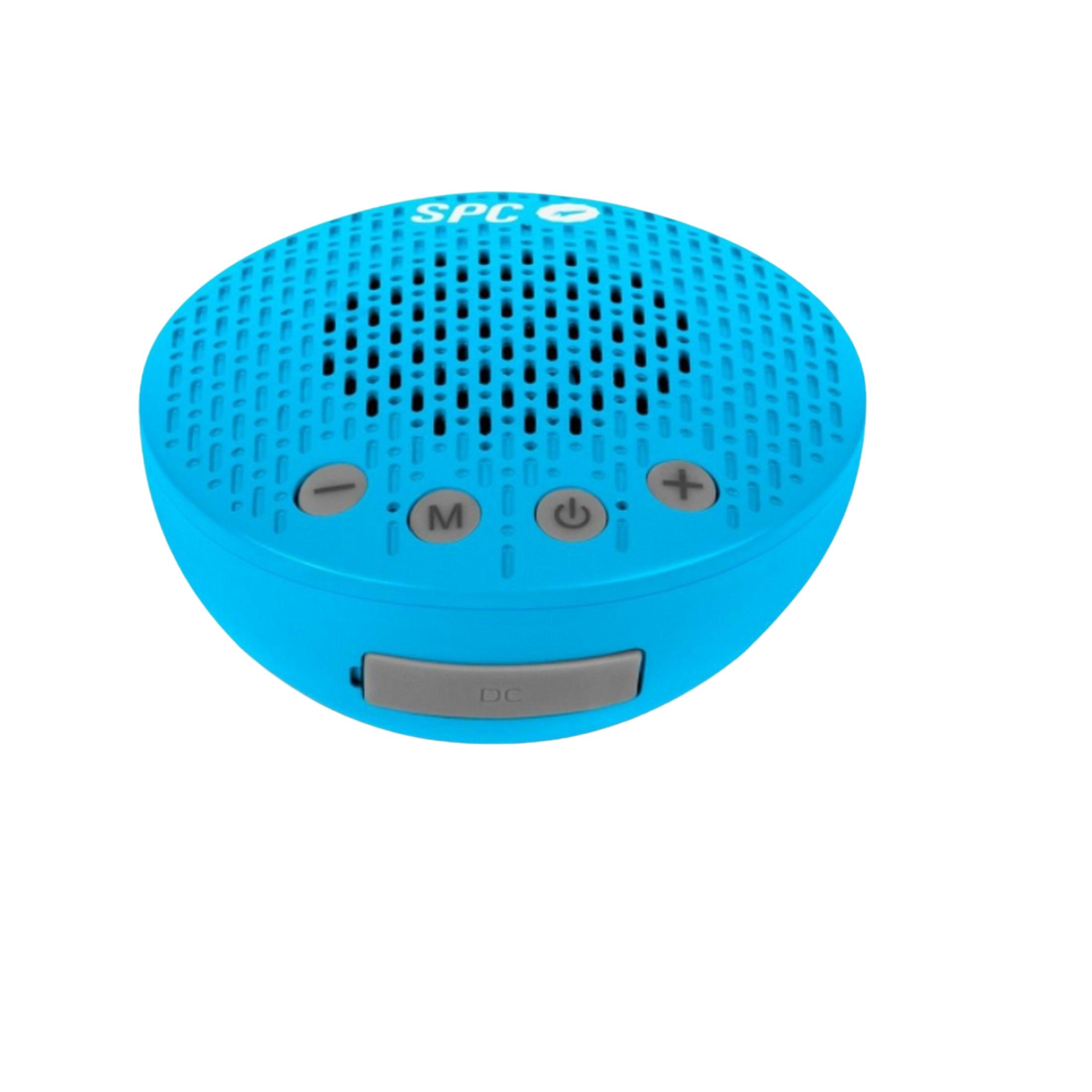 Un altavoz redondo y azul con botones de volumen, modo y encendido.