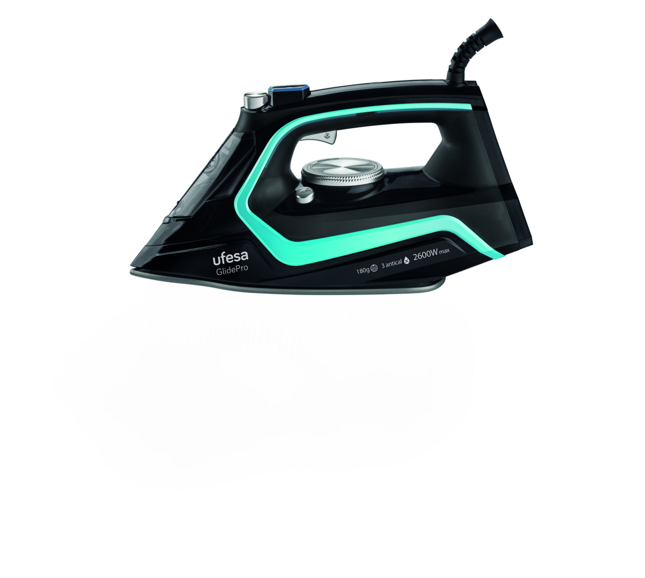 Ferro nero con accenti blu, serbatoio da 180g, 2600W.
