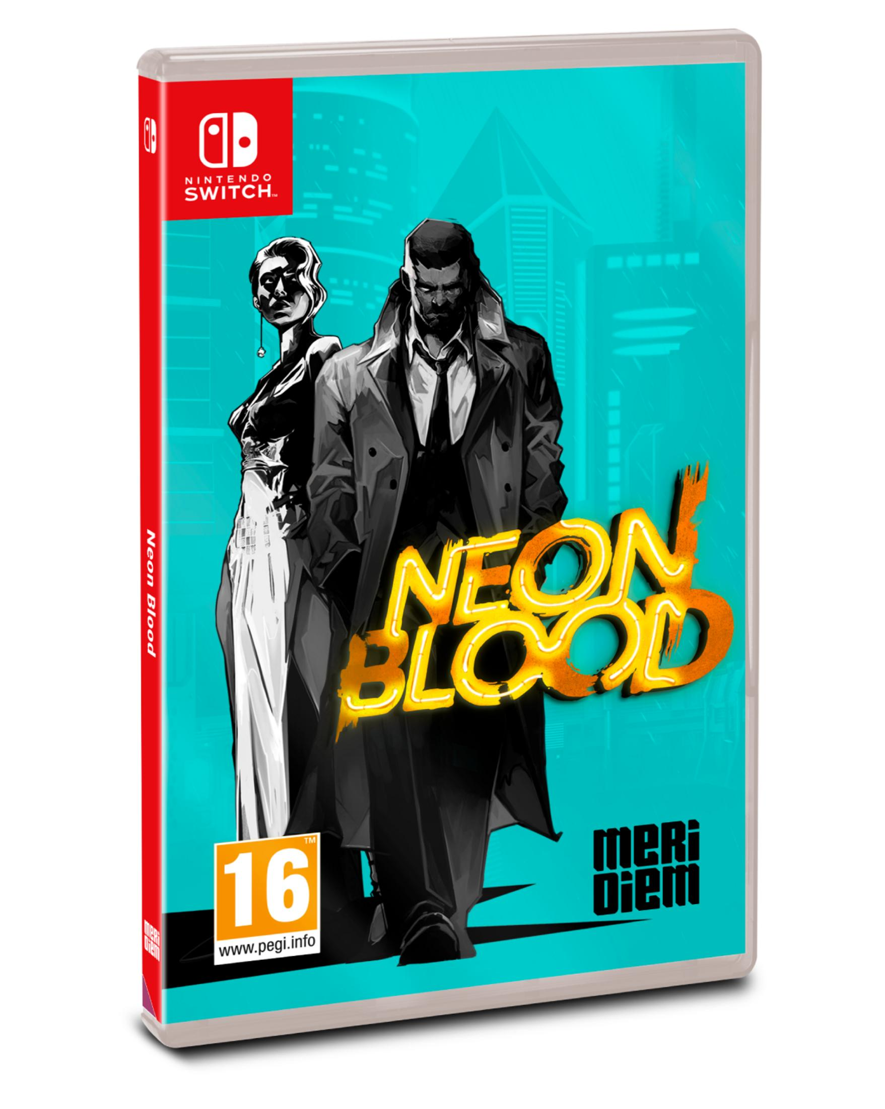 Copertina del gioco Neon Blood per Nintendo Switch, con personaggi stile fumetto e sfondo città.