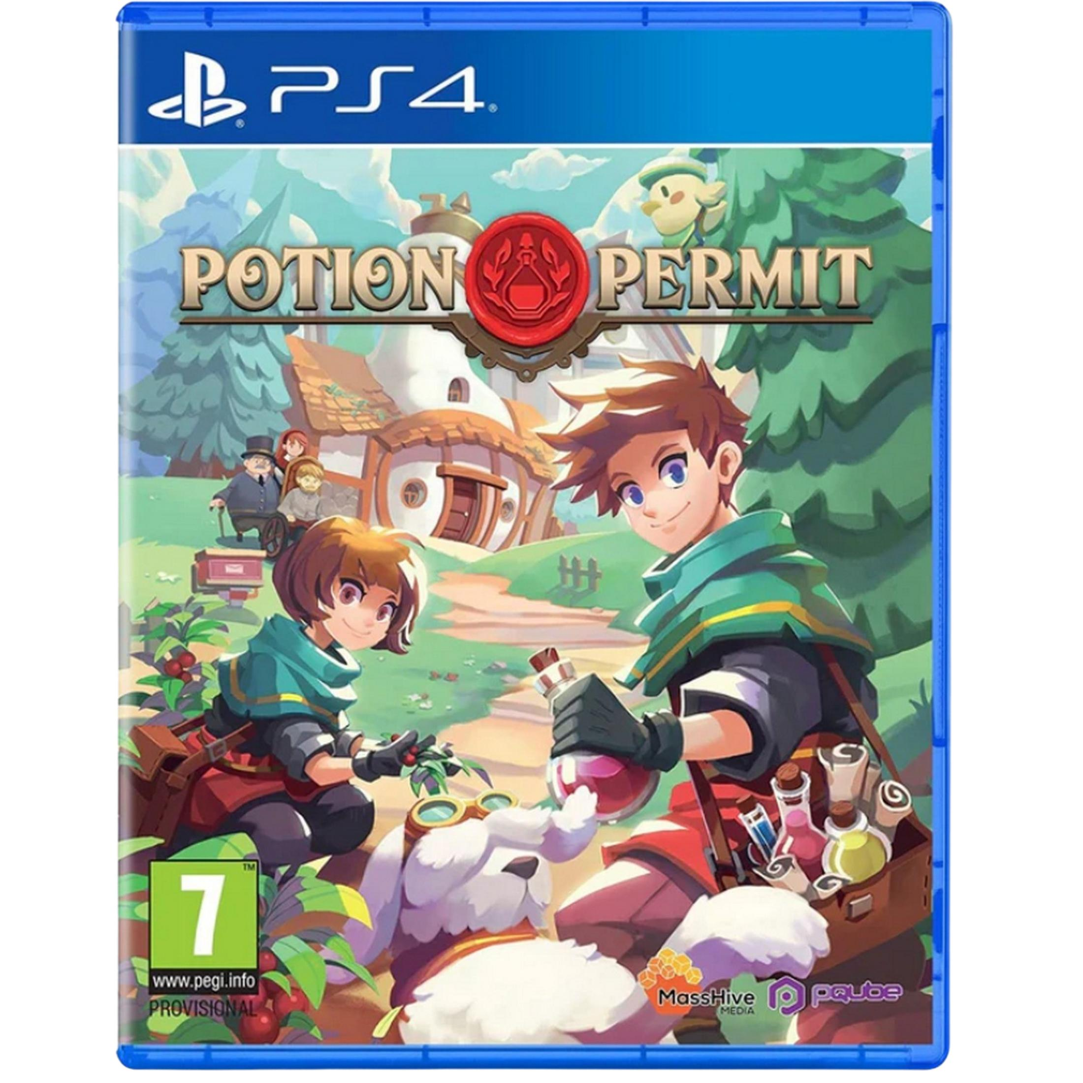 Copertina gioco PS4 "Potion Permit": Ragazzo con cane e ragazza in un mondo fantasy.