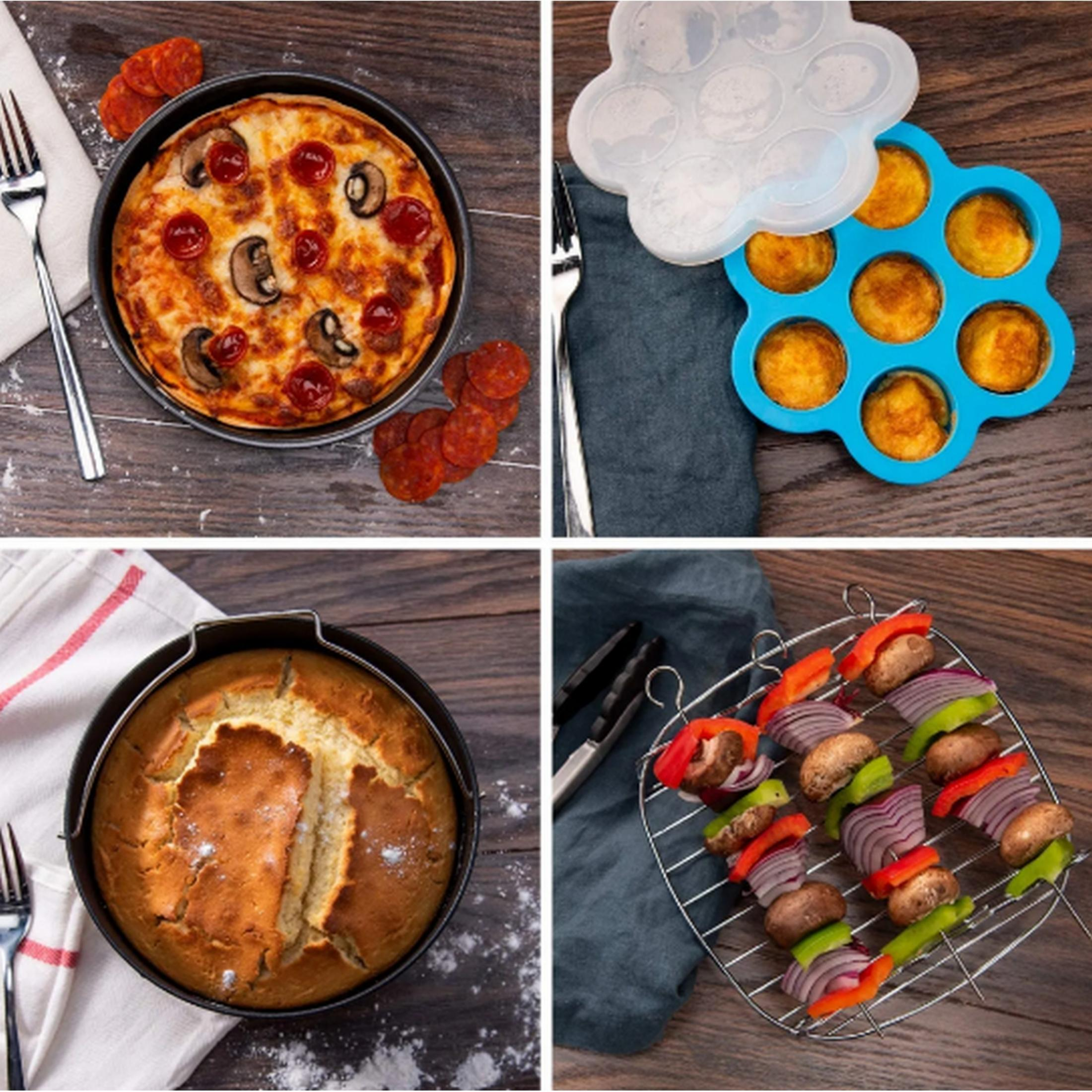 Vier Kochbilder: Pizza, Muffins, Kuchen, Spieße.