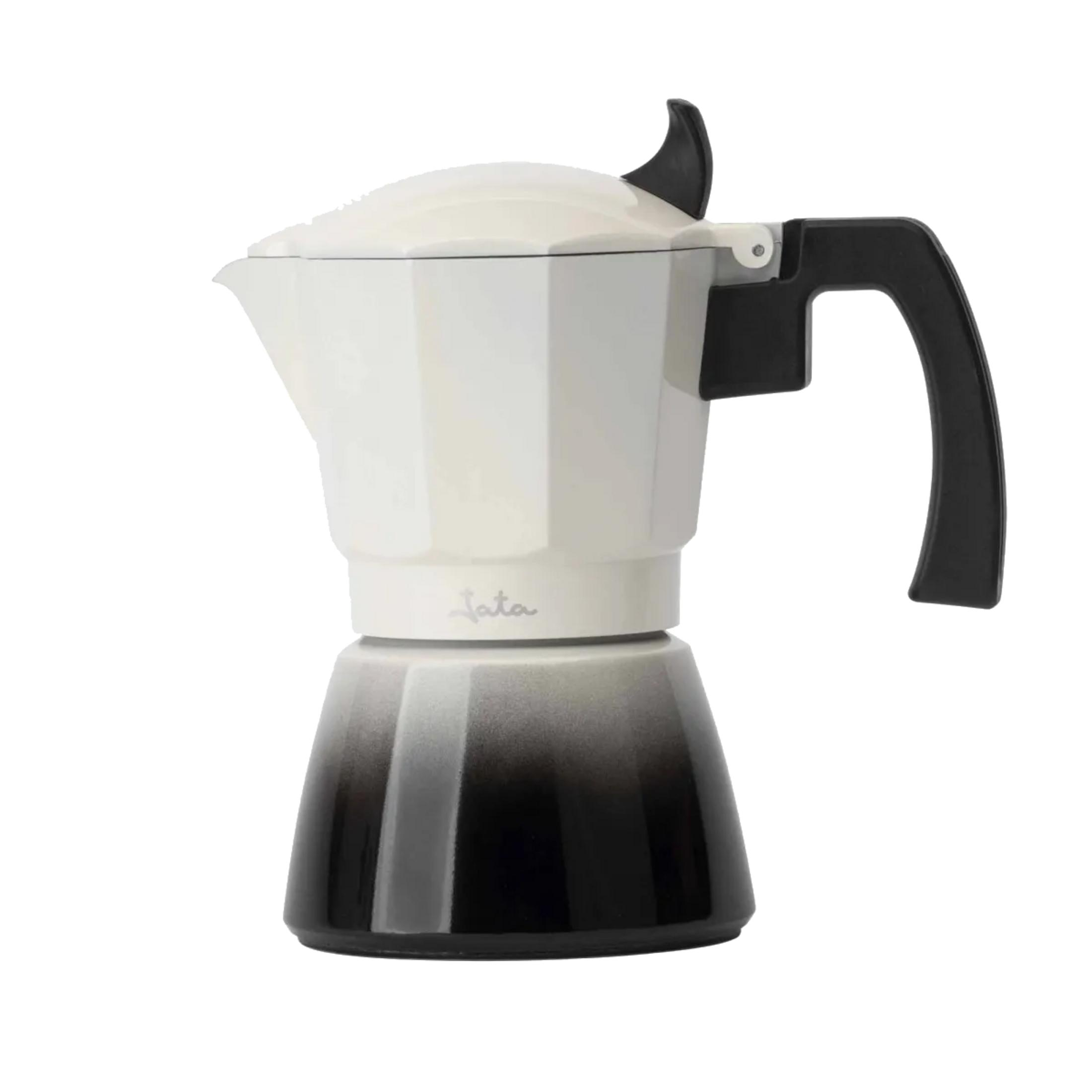 Caffettiera bianca con manico e coperchio neri, sfumata di nero in basso.
