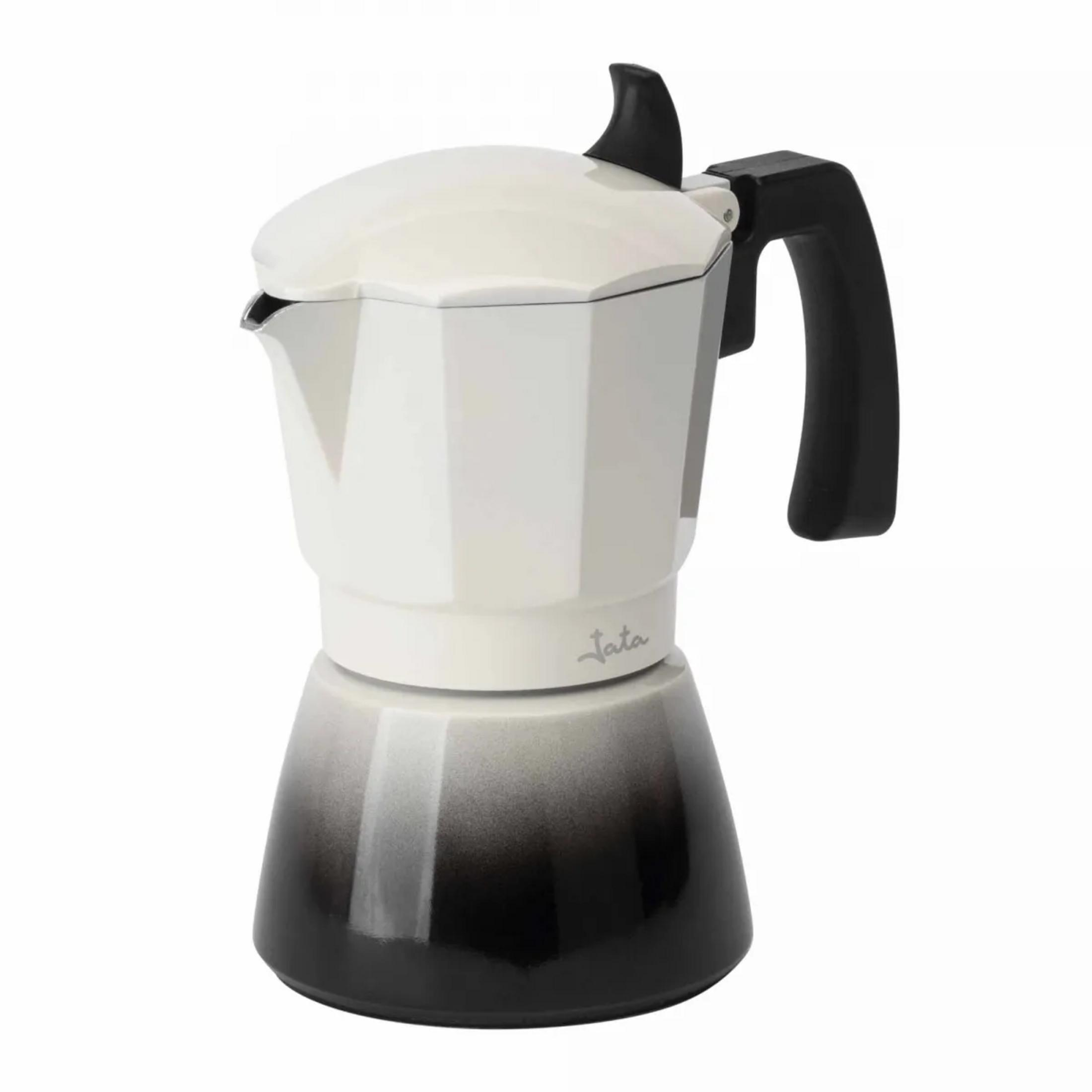 Una caffettiera espresso bianca con manico nero e sfumatura bianco-nero.