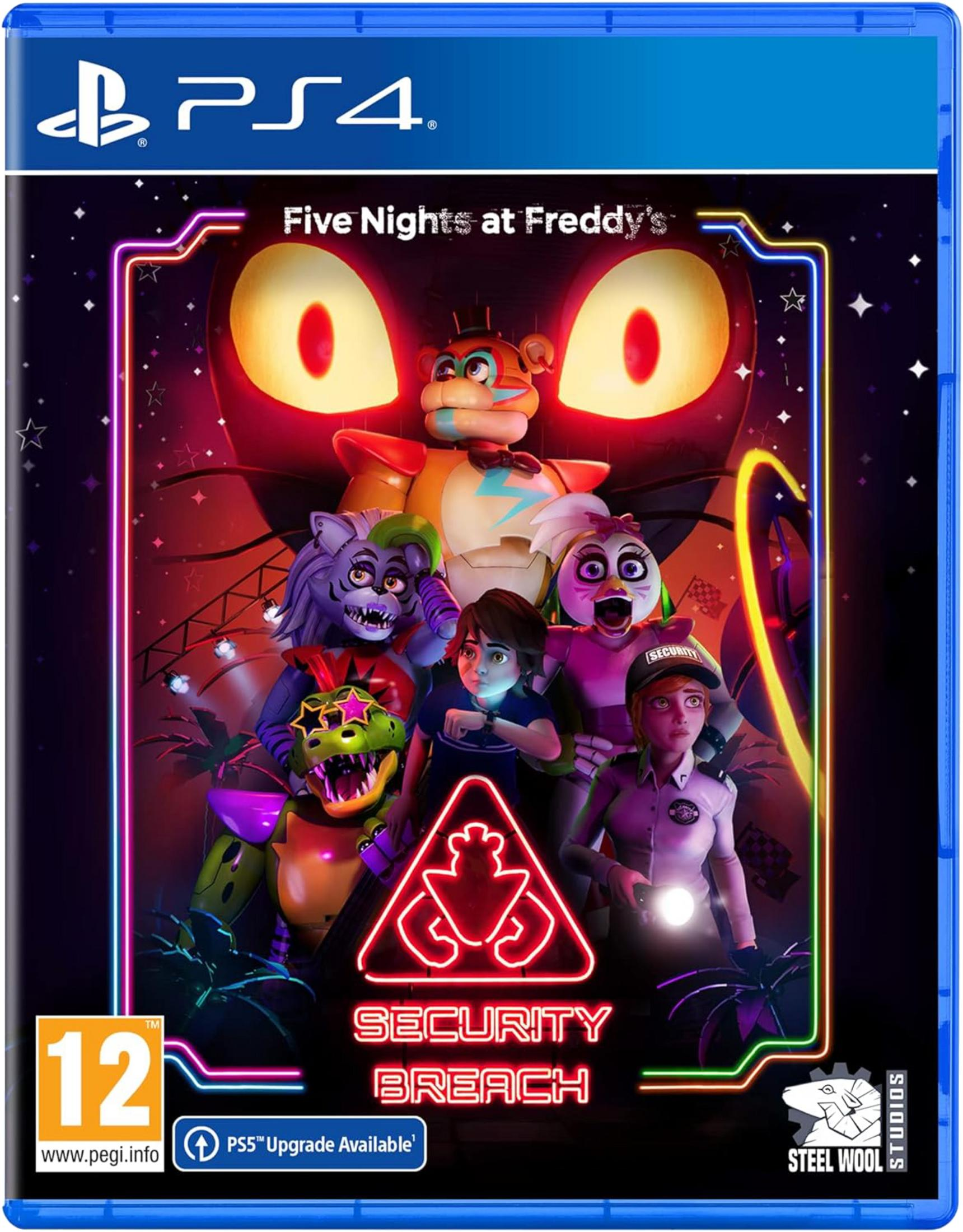 Copertina del gioco PS4 Five Nights at Freddy's: Security Breach con Freddy e amici.