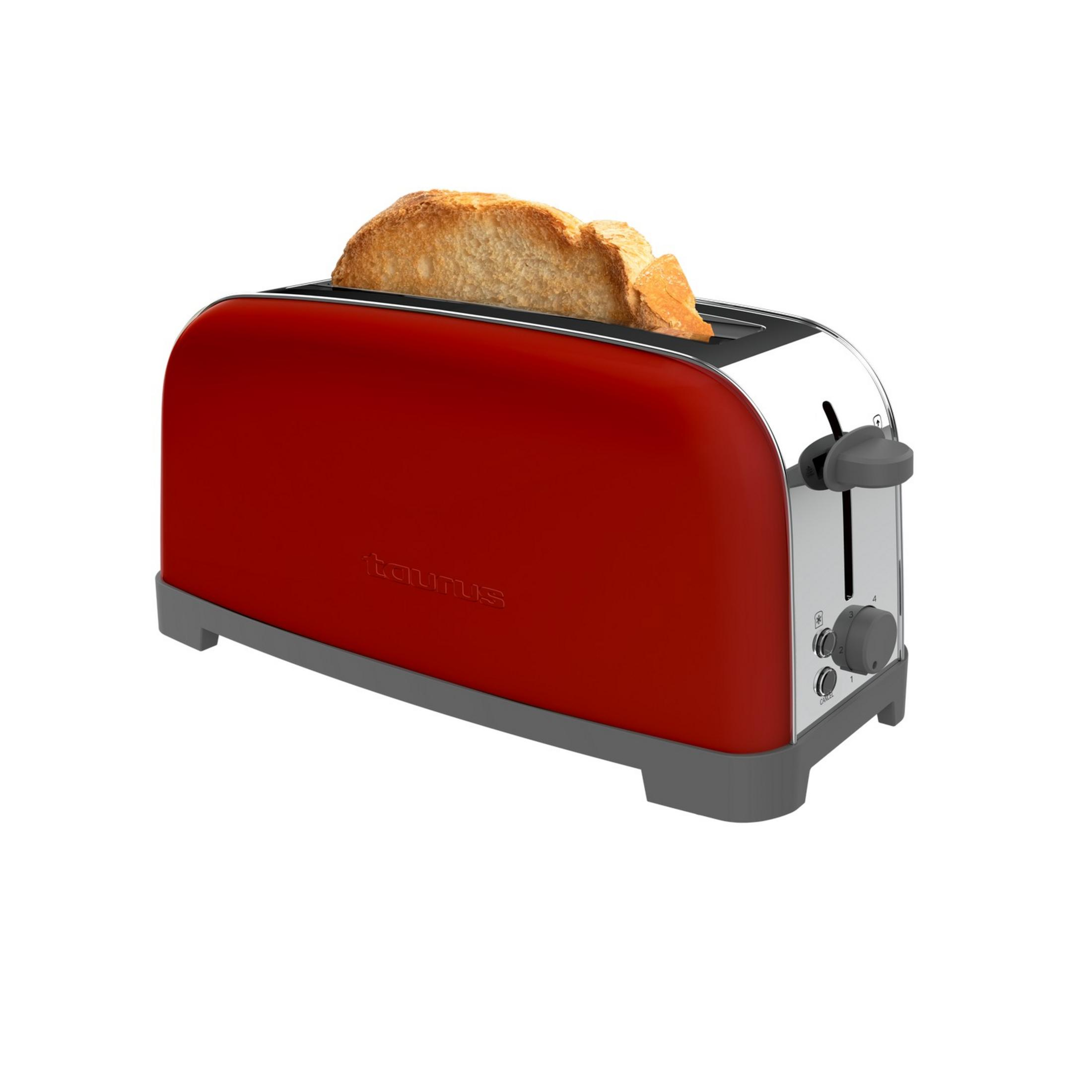 Una tostadora roja con dos rebanadas de pan tostado, sobre base gris.