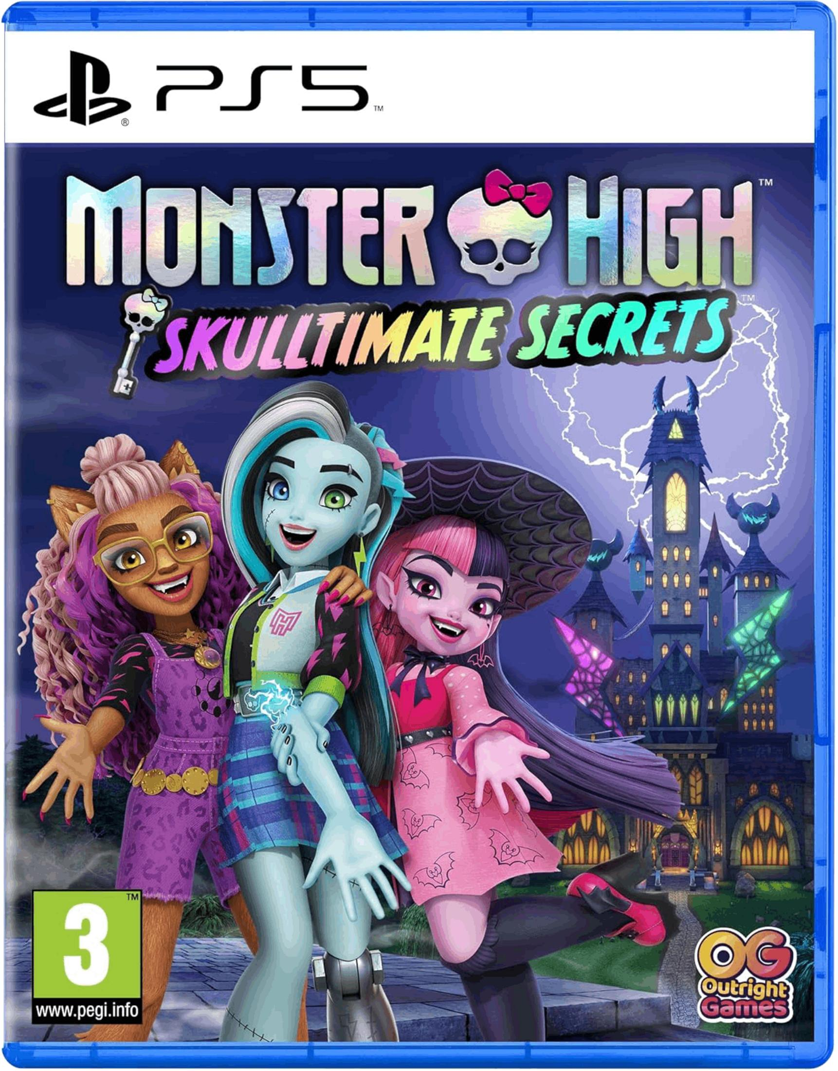 Copertina del gioco Monster High Skulltimate Secrets PS5 con tre personaggi e un castello.