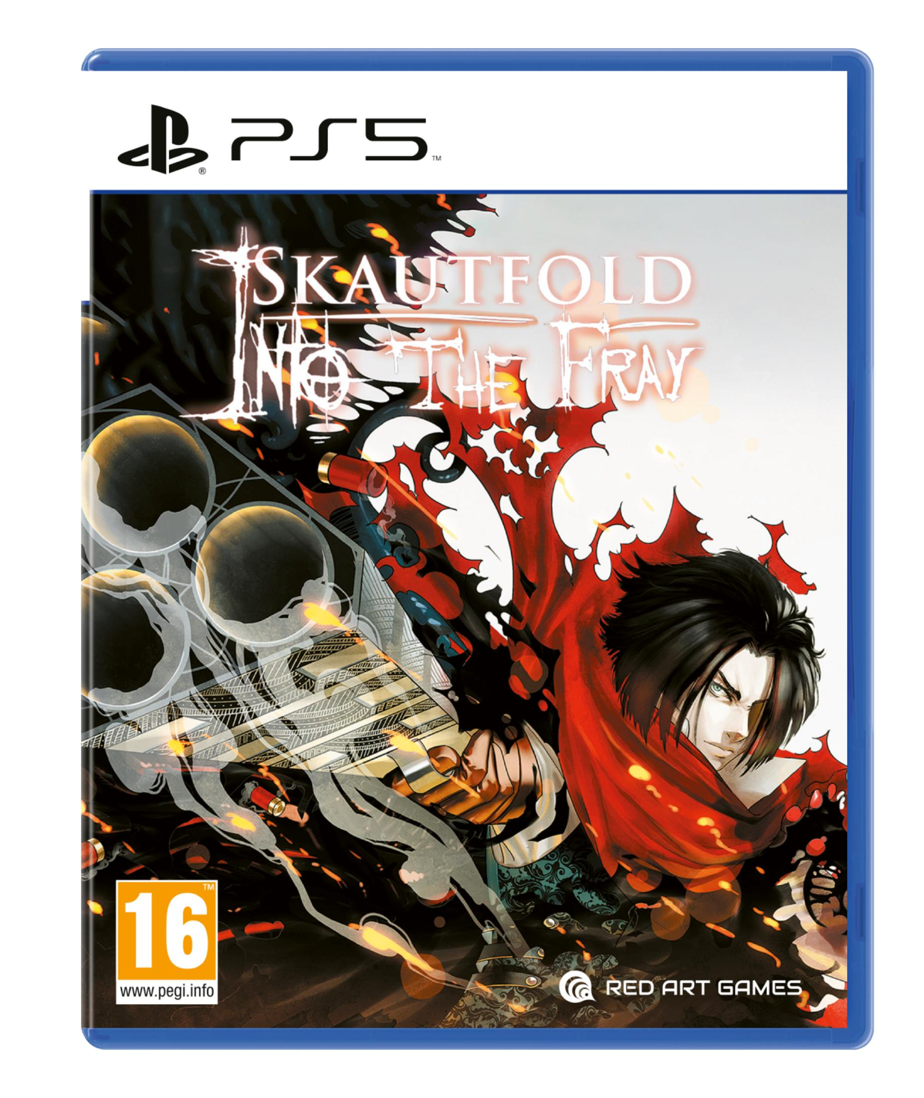 Custodia PS5 per Skautfold: Into the Fray. Presenta un uomo dai capelli neri con sciarpa rossa.