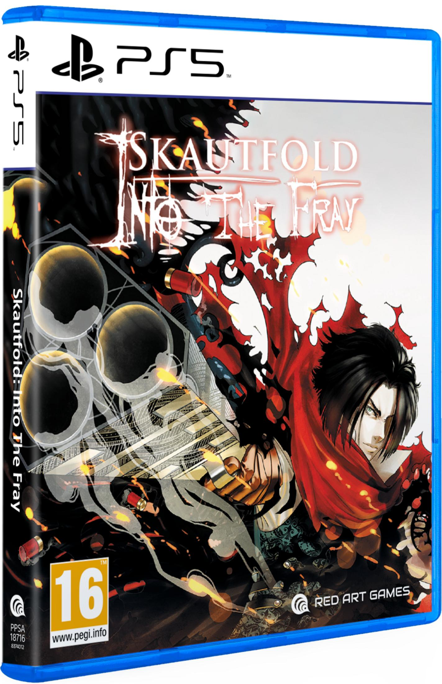 Custodia gioco PS5 per 'Skautfold: Into The Fray' con arte anime di un uomo.