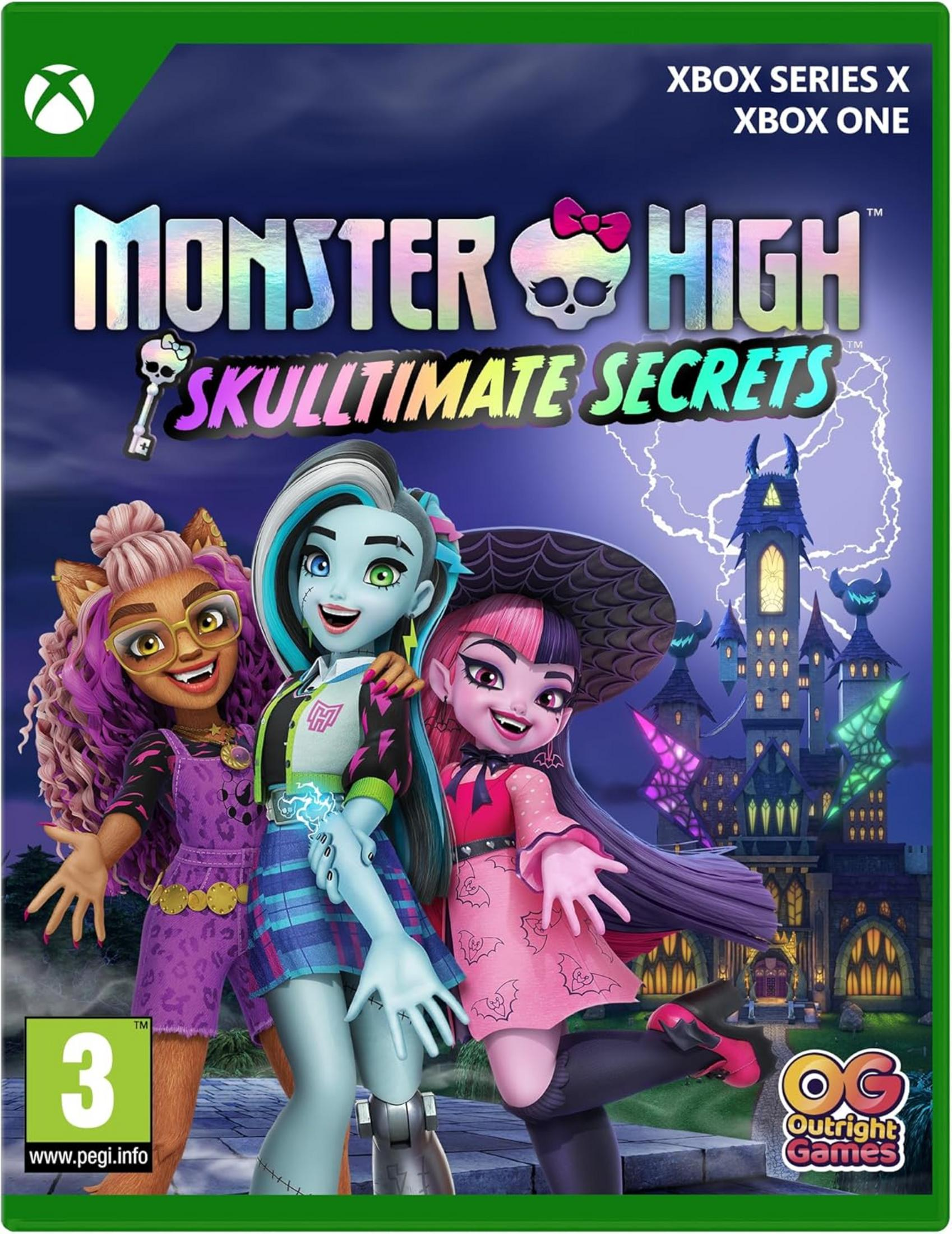 Copertina di Monster High Skulltimate Secrets con tre personaggi davanti a un castello.