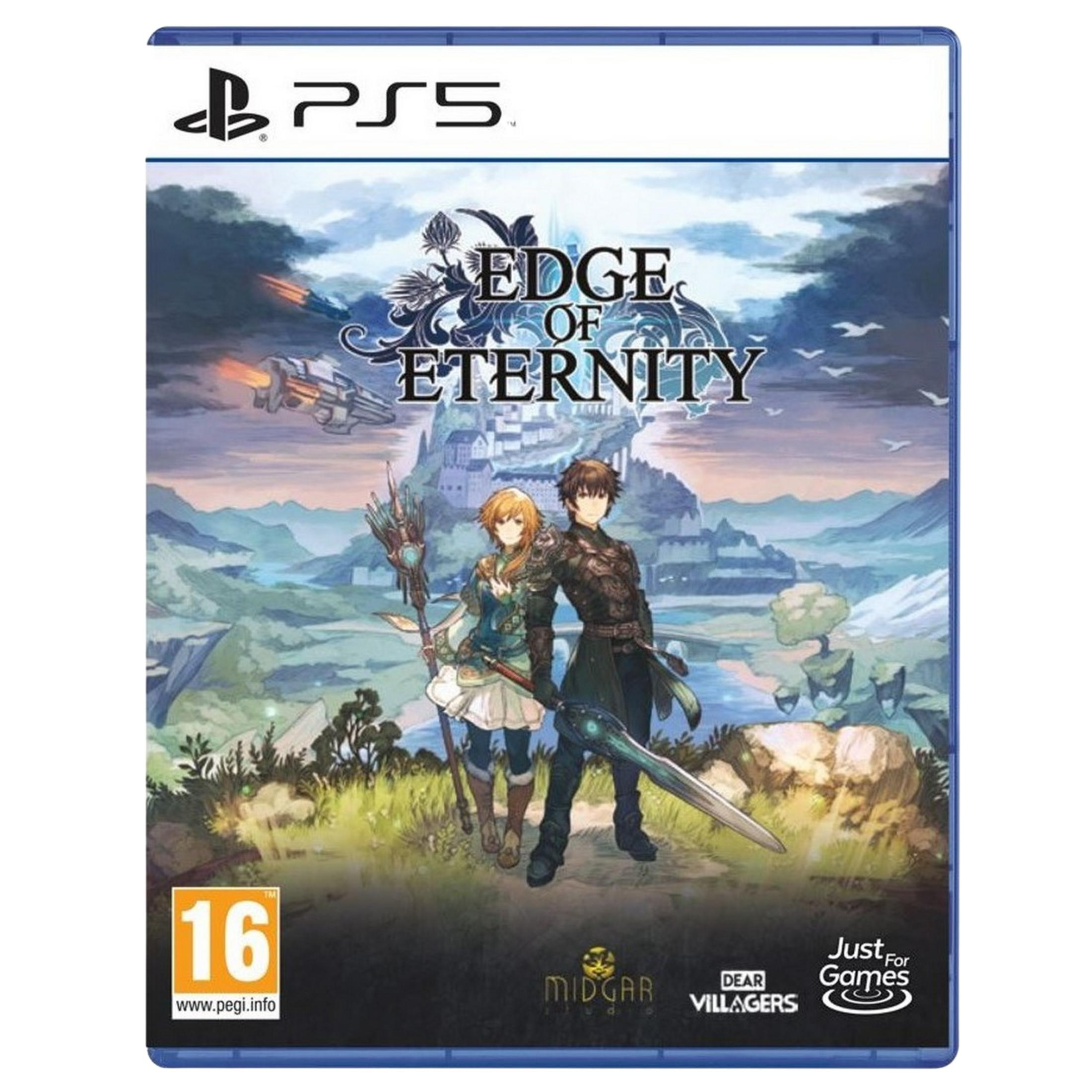 Copertina gioco PS5: Edge of Eternity. Due personaggi davanti a un castello. Un veicolo volante nel cielo.