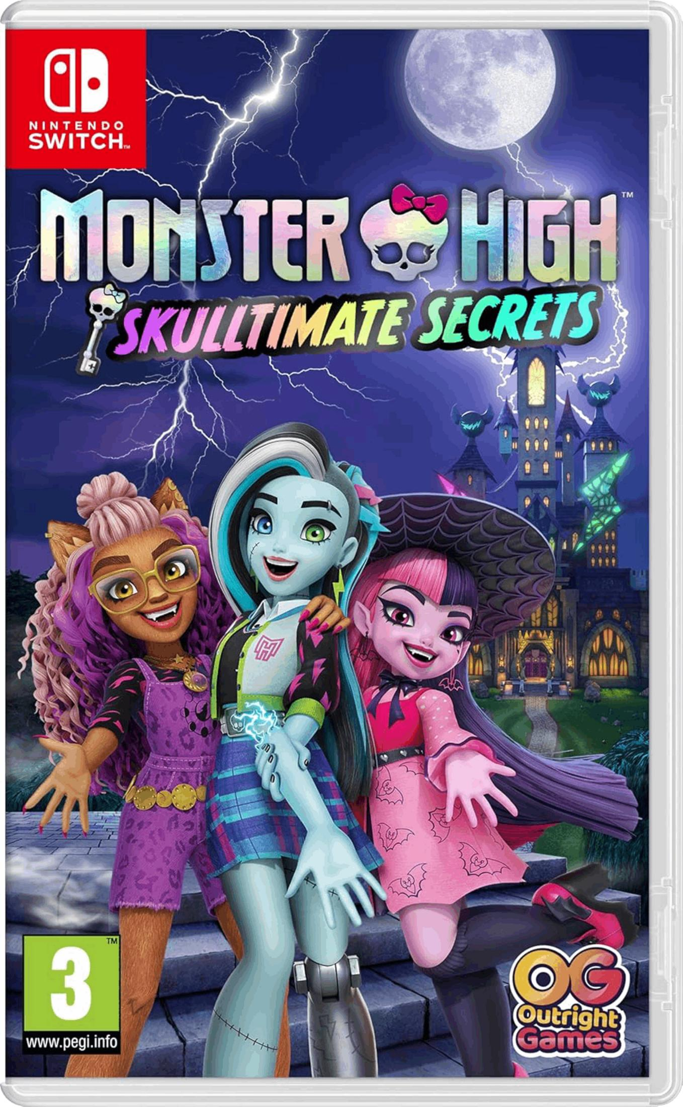 Portada de Monster High Skulltimate Secrets con tres personajes frente a un castillo.