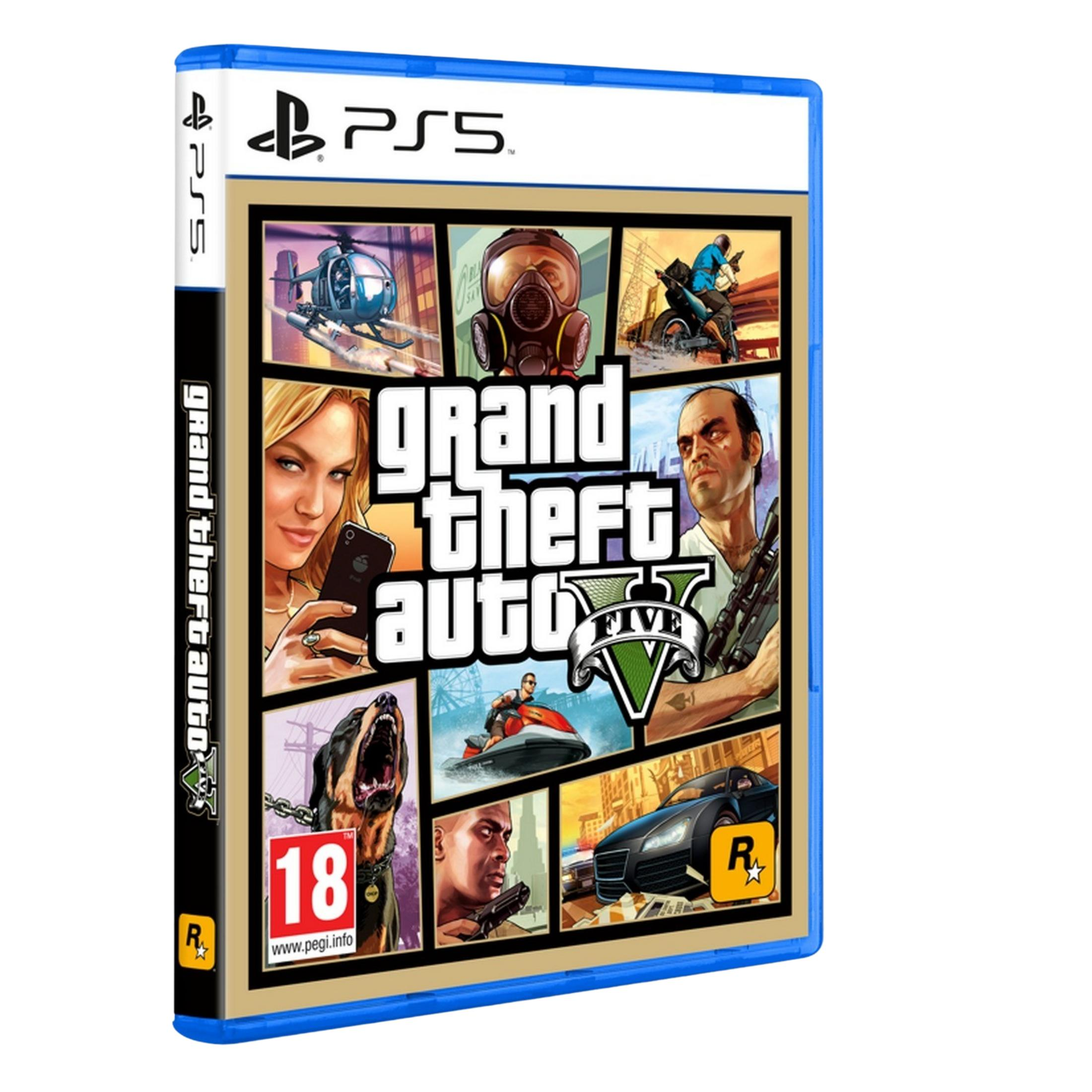 Copertina PS5 di Grand Theft Auto V, con varie scene e personaggi.